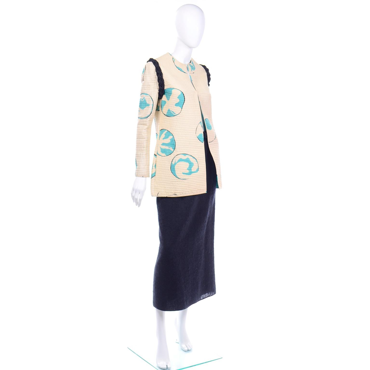 Women's 1970s Mary McFadden Vintage Hand Painted Quilted Silk Jacket & Black Wool Skirt