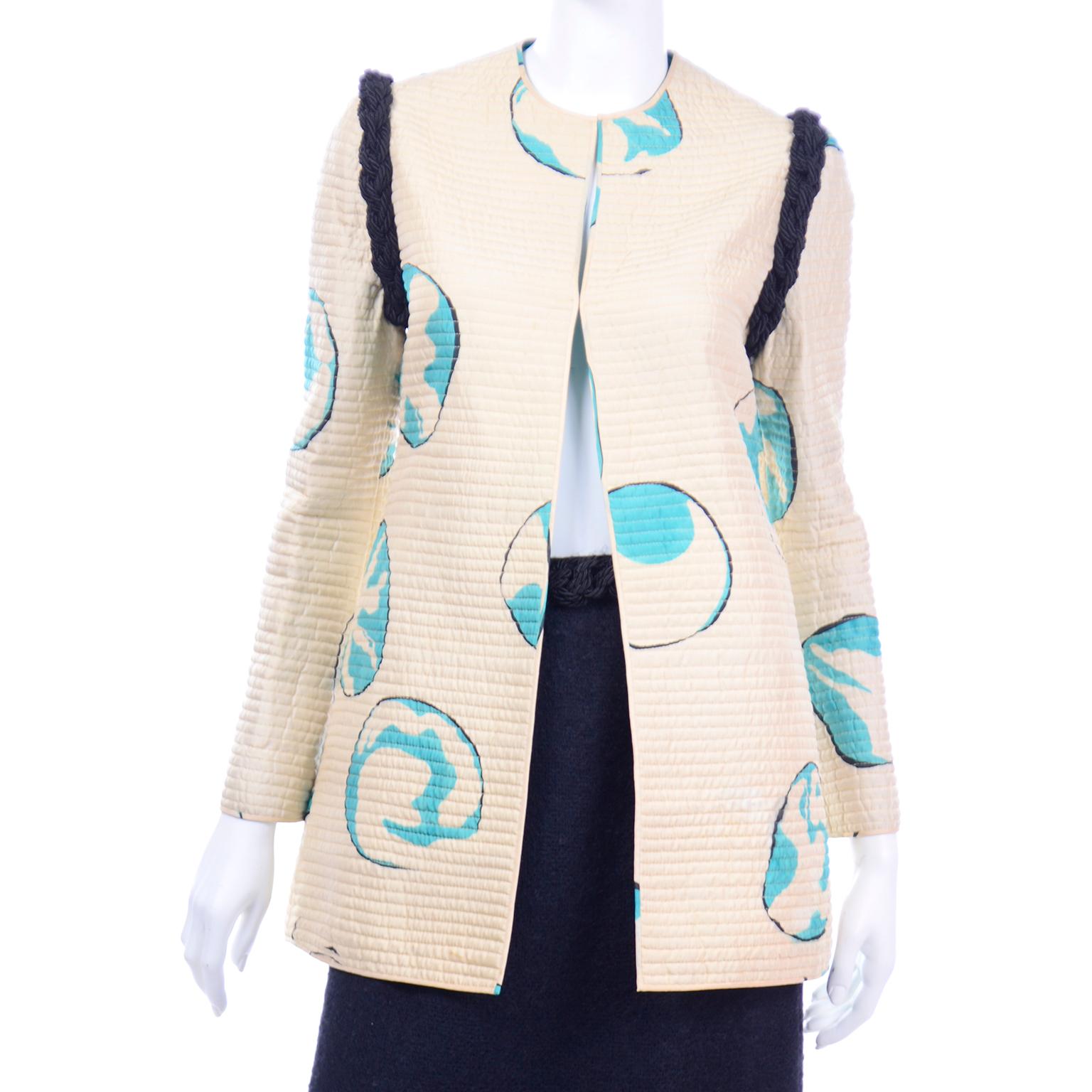 1970s Mary McFadden Vintage Hand Painted Quilted Silk Jacket & Black Wool Skirt 1