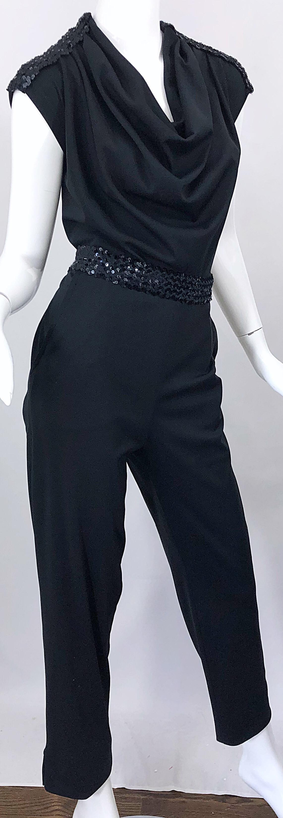 1980s Maryka Monaco Large Black Sequined French Made Belted Vintage 80s Jumpsuit 5