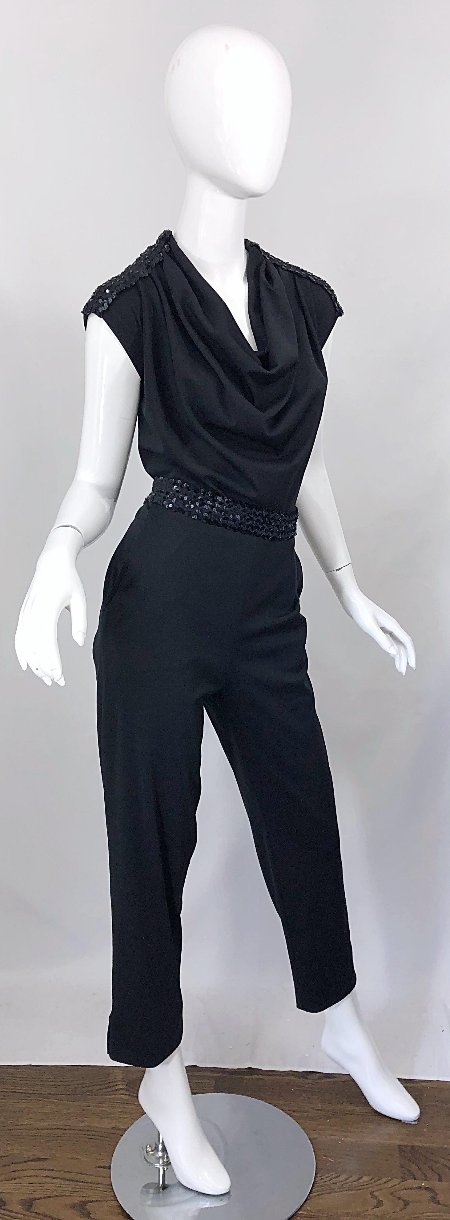 1980s Maryka Monaco Large Black Sequined French Made Belted Vintage 80s Jumpsuit 8