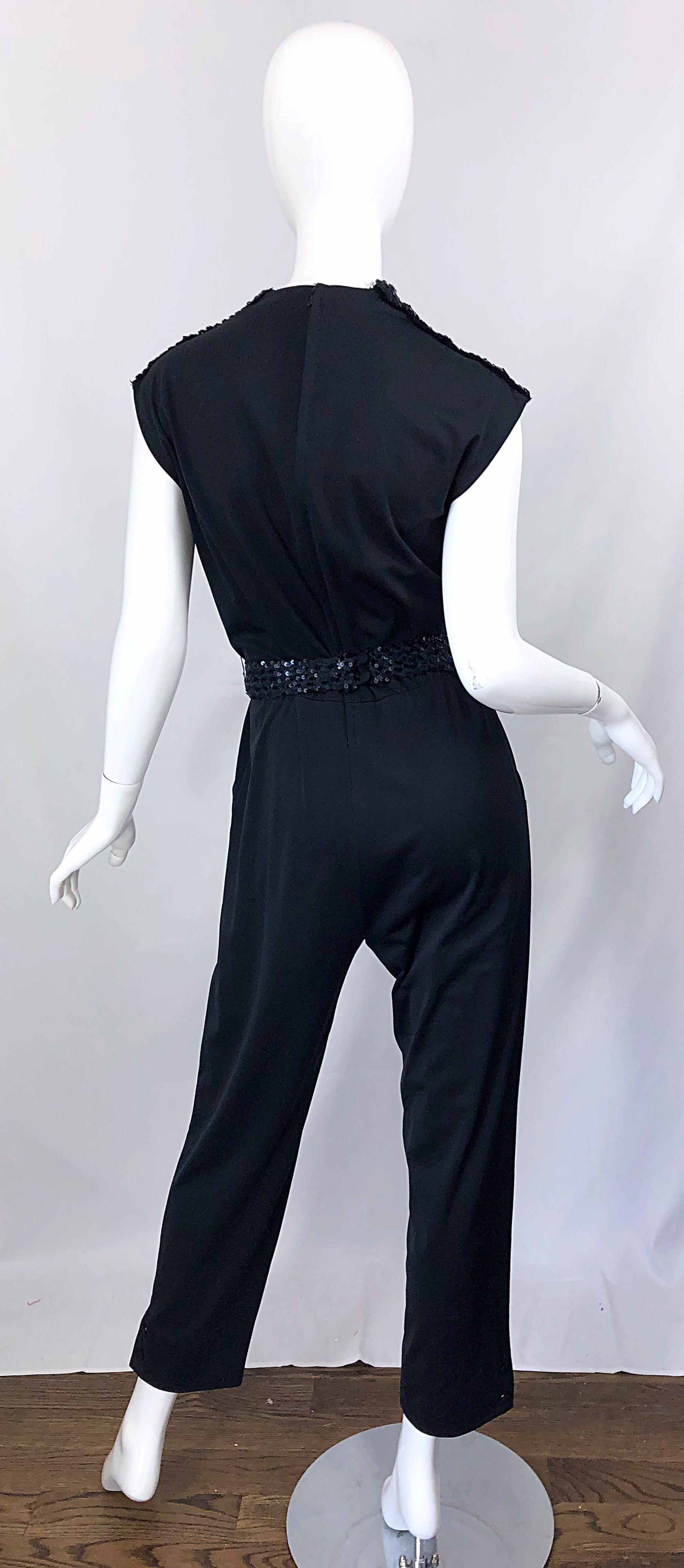 1980s Maryka Monaco Large Black Sequined French Made Belted Vintage 80s Jumpsuit 9