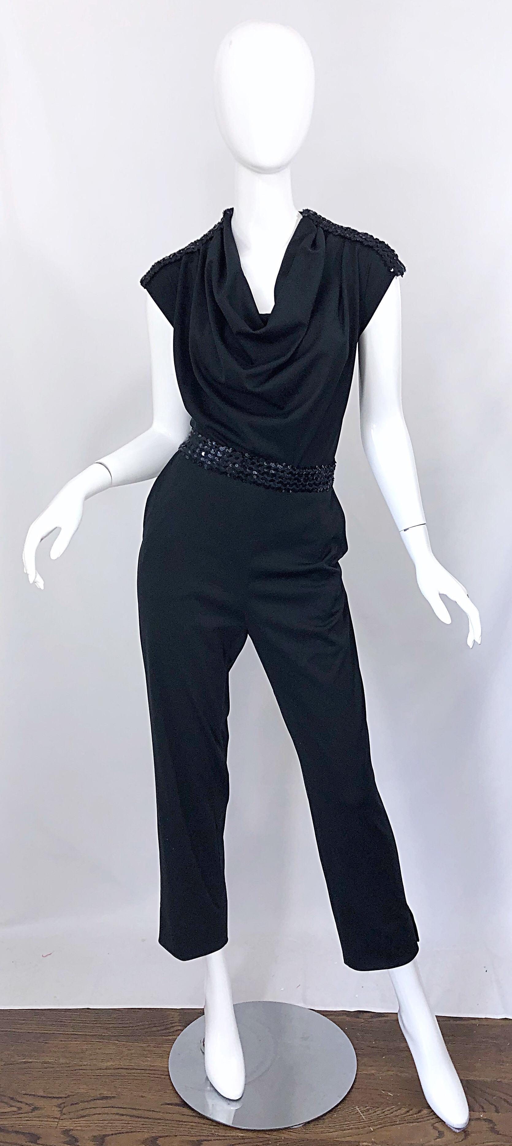 1980s Maryka Monaco Large Black Sequined French Made Belted Vintage 80s Jumpsuit 10