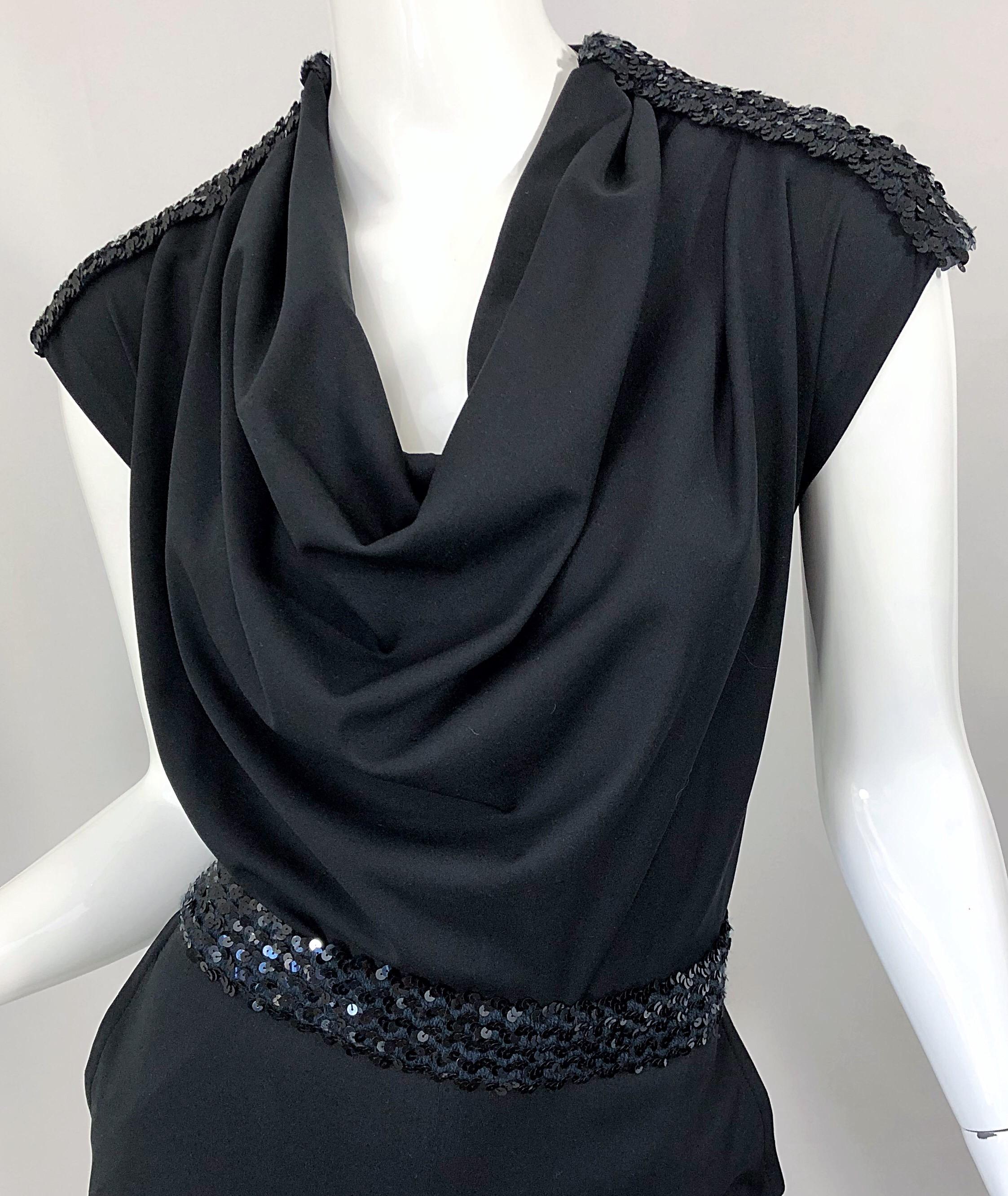 1980s Maryka Monaco Large Black Sequined French Made Belted Vintage 80s Jumpsuit In Excellent Condition In San Diego, CA