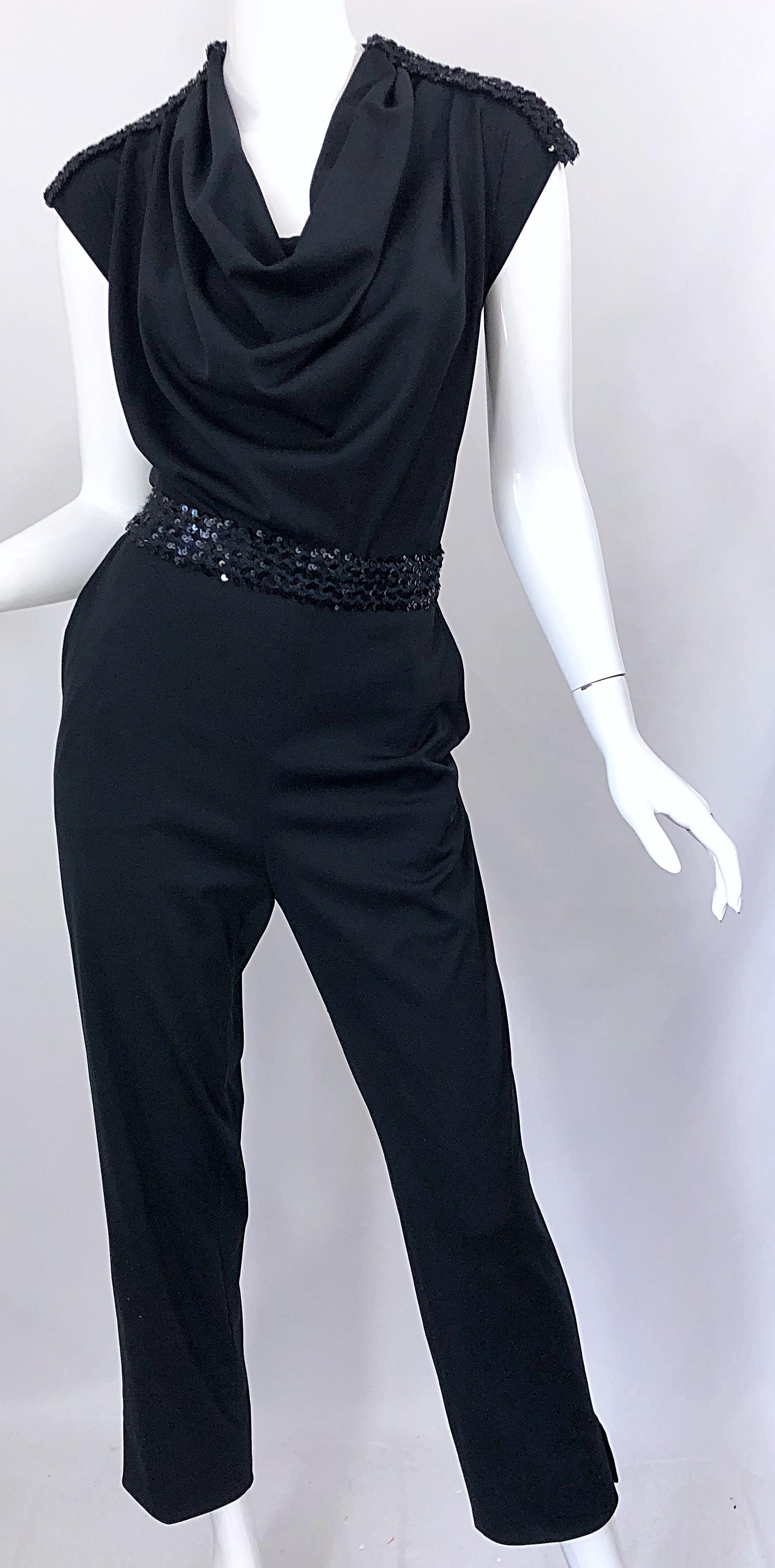 1980s Maryka Monaco Large Black Sequined French Made Belted Vintage 80s Jumpsuit 2
