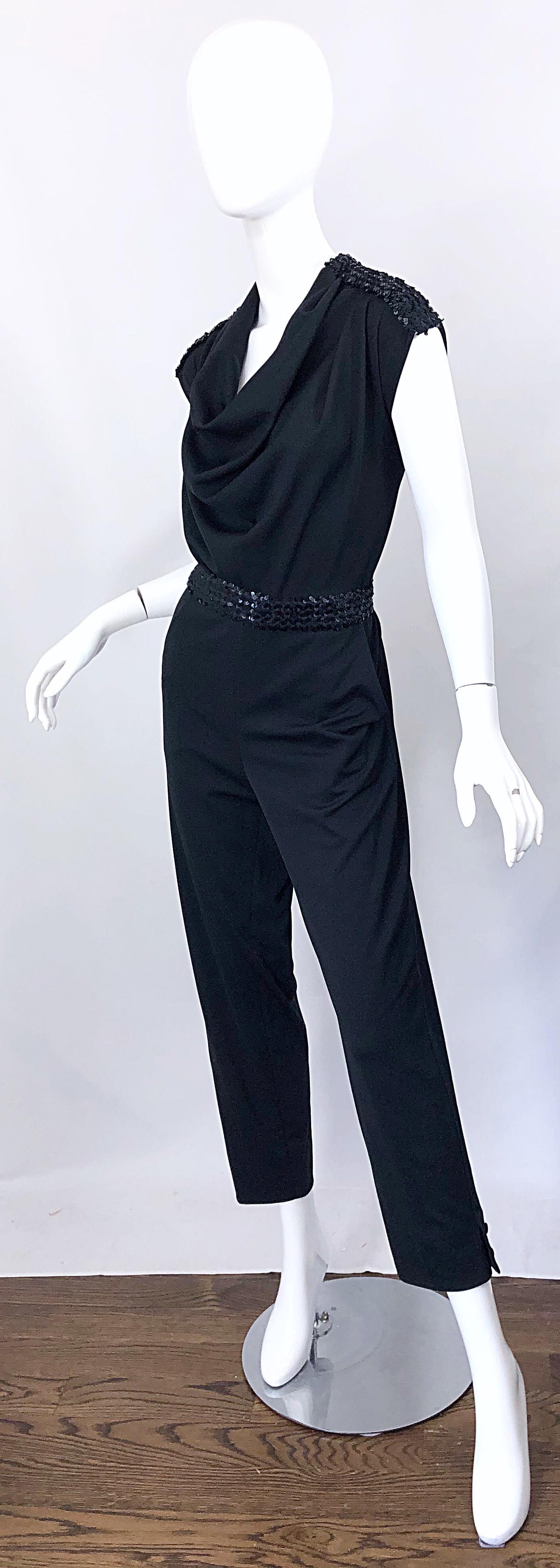 1980s Maryka Monaco Large Black Sequined French Made Belted Vintage 80s Jumpsuit 3