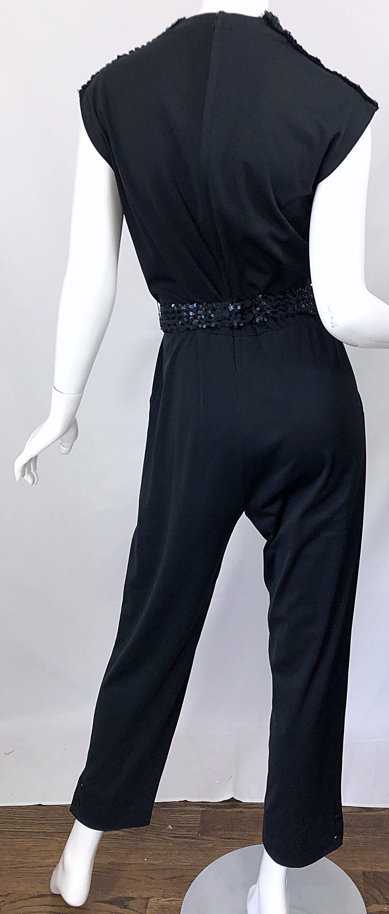 1980s Maryka Monaco Large Black Sequined French Made Belted Vintage 80s Jumpsuit 4