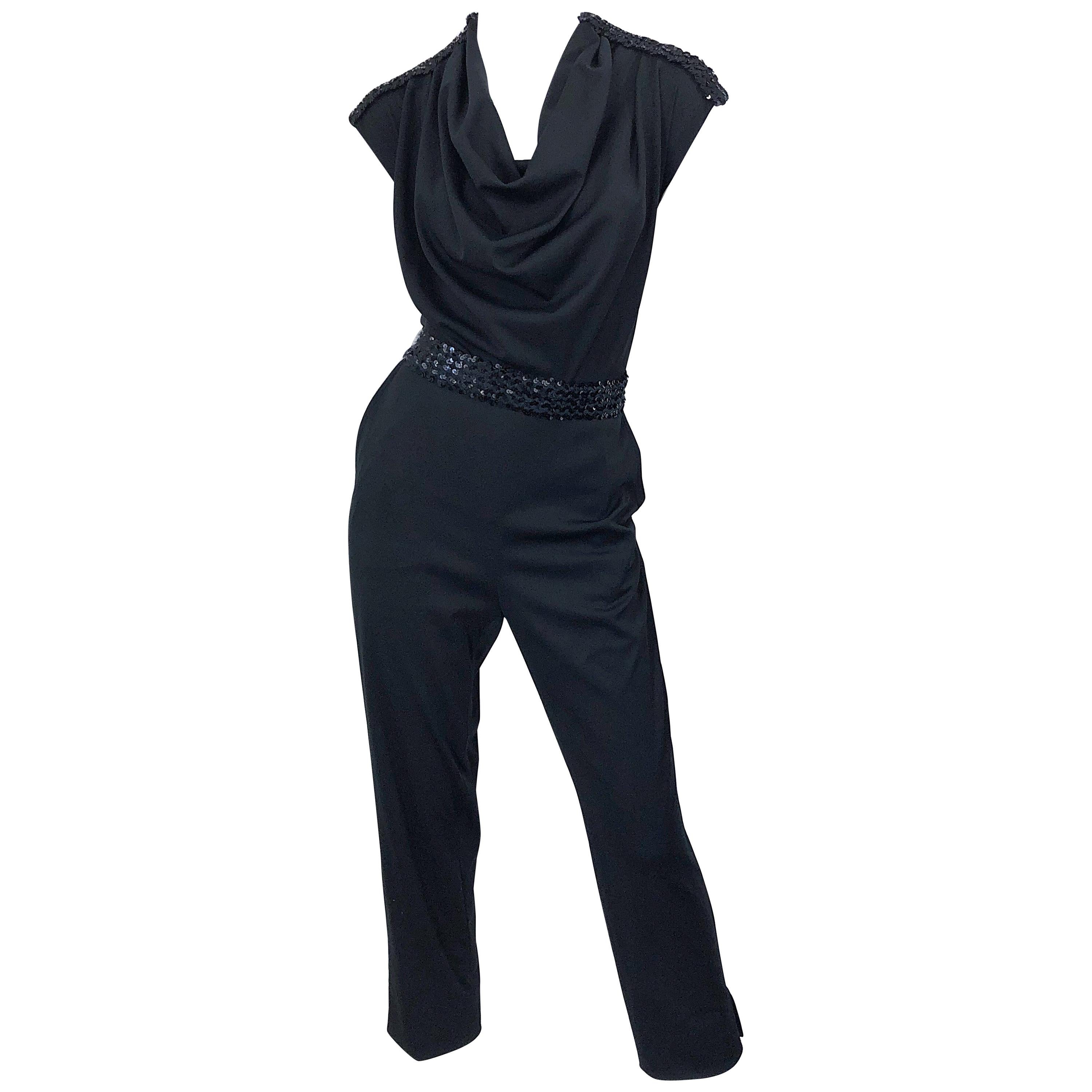 1980s Maryka Monaco Large Black Sequined French Made Belted Vintage 80s Jumpsuit