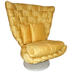 Sillón giratorio de seda amarilla Marzio Cecchi Vintage italiano de los años 70