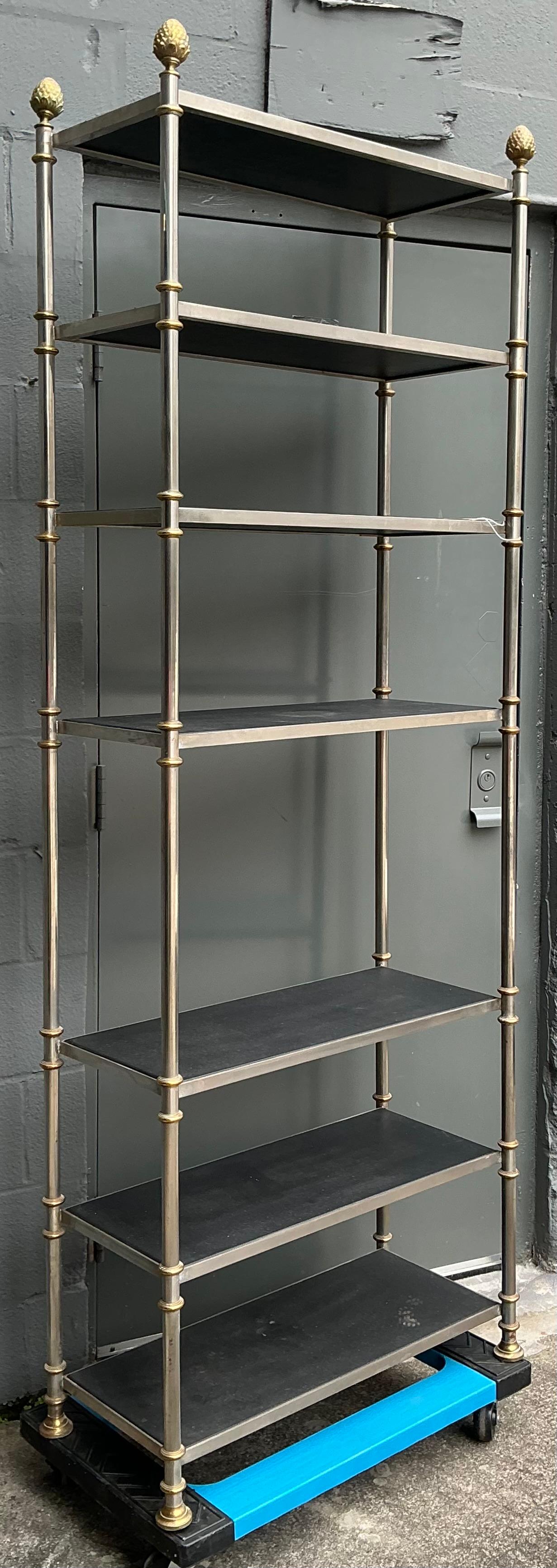 Neoclassical 1970s Mason Jansen Neo-Classical Style Steel, Brass, Leather Etageres/ Shelf