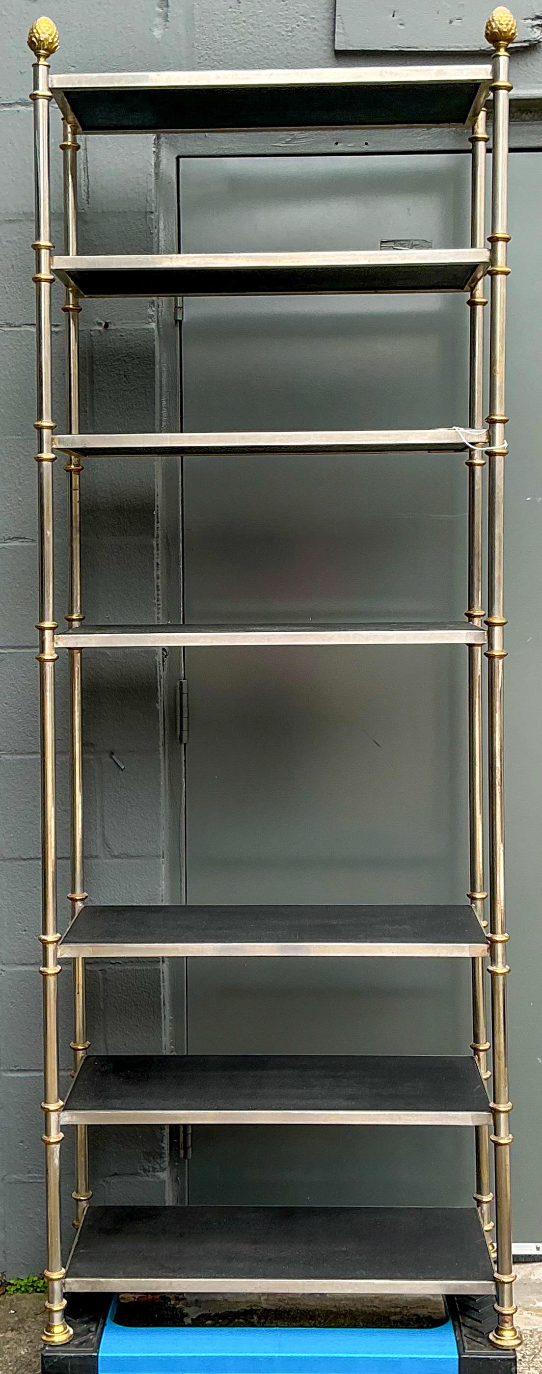 1970s Mason Jansen Neo-Classical Style Steel, Brass, Leather Etageres/ Shelf In Good Condition In Kennesaw, GA