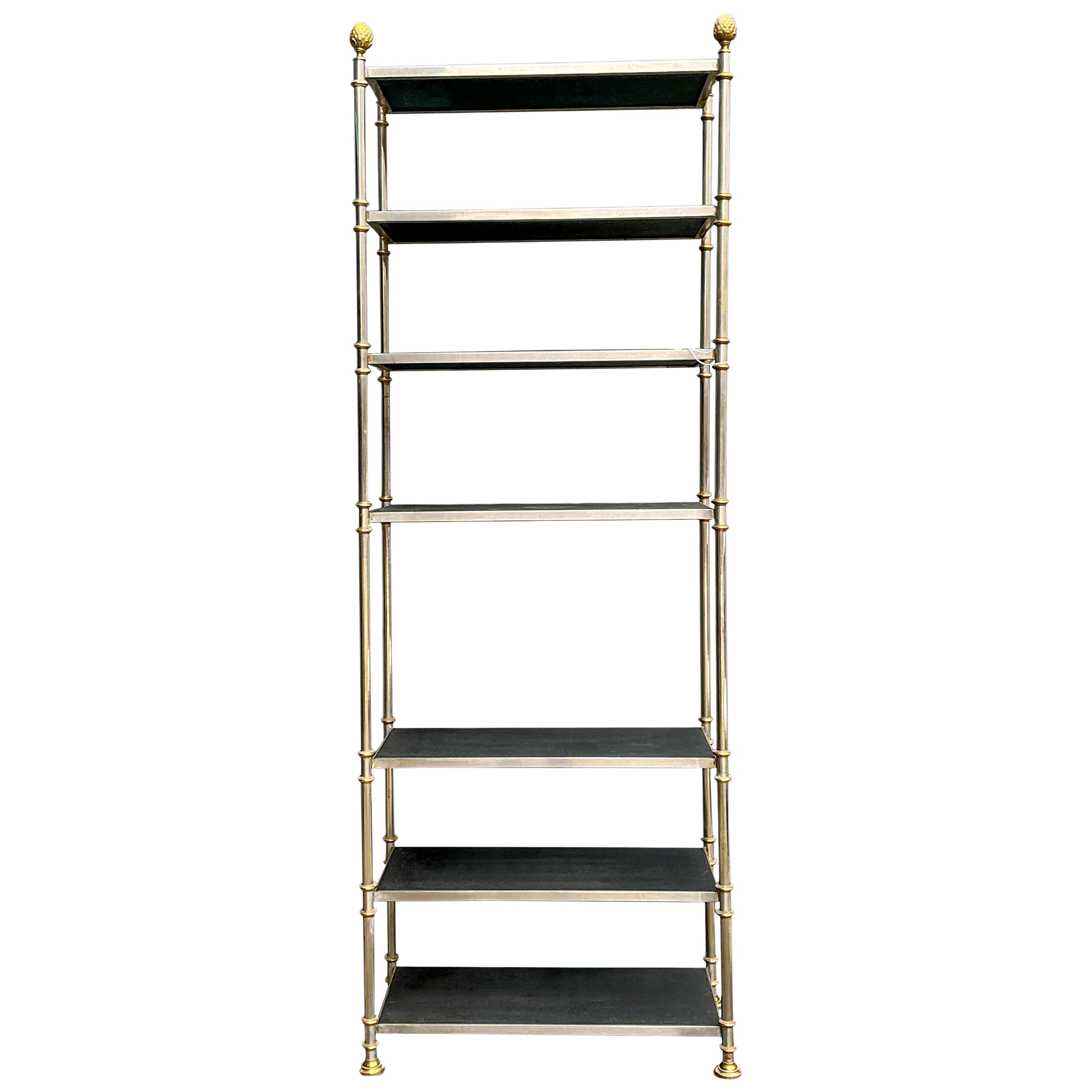 1970s Mason Jansen Neo-Classical Style Steel, Brass, Leather Etageres/ Shelf