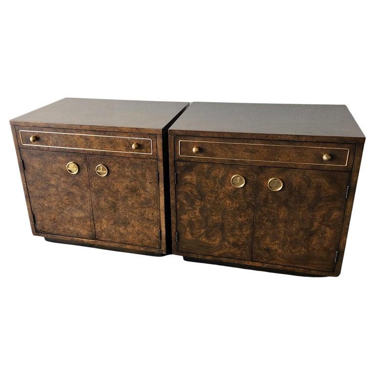 1970s Mastercraft Bernhard Rohne Flamboyant Nightstand Chests
Sensational burlwood lacquer & brass
Grand Rapids, Michigan
cosmopolitan flair exotic wood with acid etched brass.
Made by Mastercraft
24 H x 26W x 18 D
One pullout drawer. Large interior