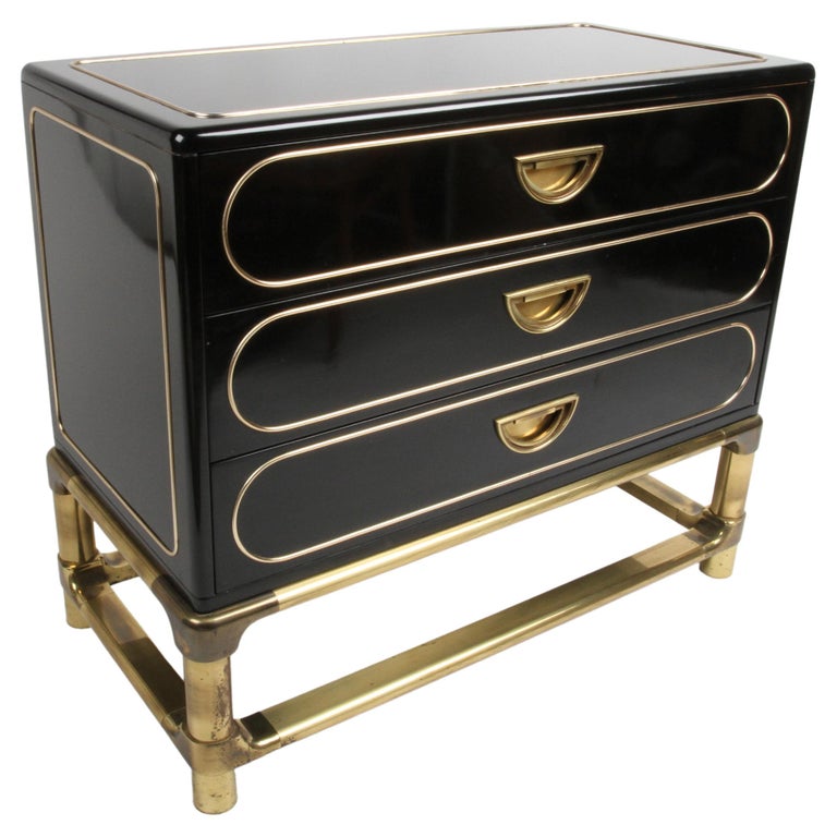 1970s Mastercraft Black Lacquer & Brass Chest of Drawers or Dresser For Sale