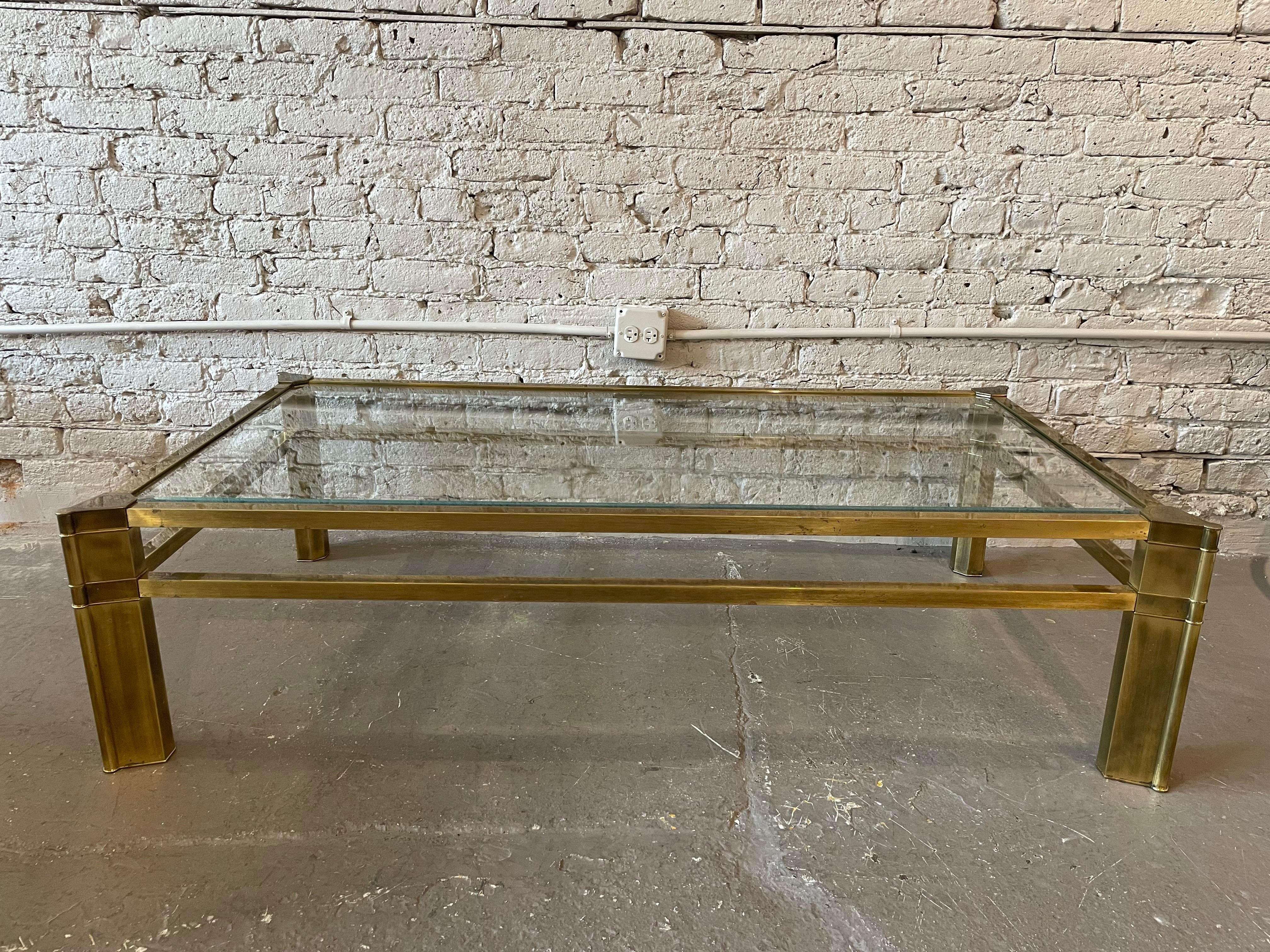 1970s Mastercraft Brass and Beveled Glass Coffee Table In Good Condition In Chicago, IL