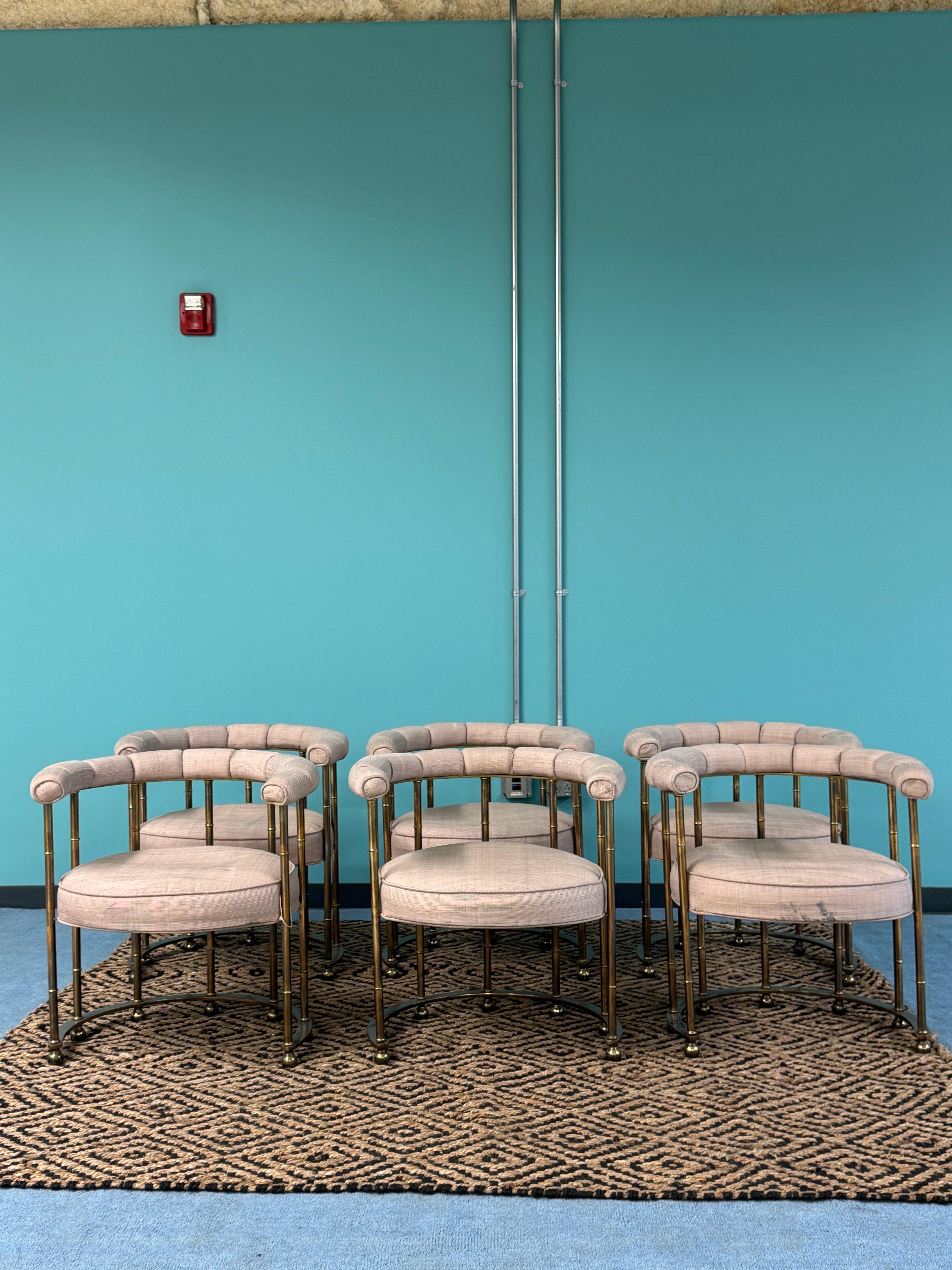 Extraordinary set of Brass Barrel Back Arm/Dining Chairs from Mastercraft. Arguably the rarest of Mastercraft Dining Chairs and an incredible find. Needing Upholstery, new foam and workings and scheduled with our Upholstery Masters, we will post