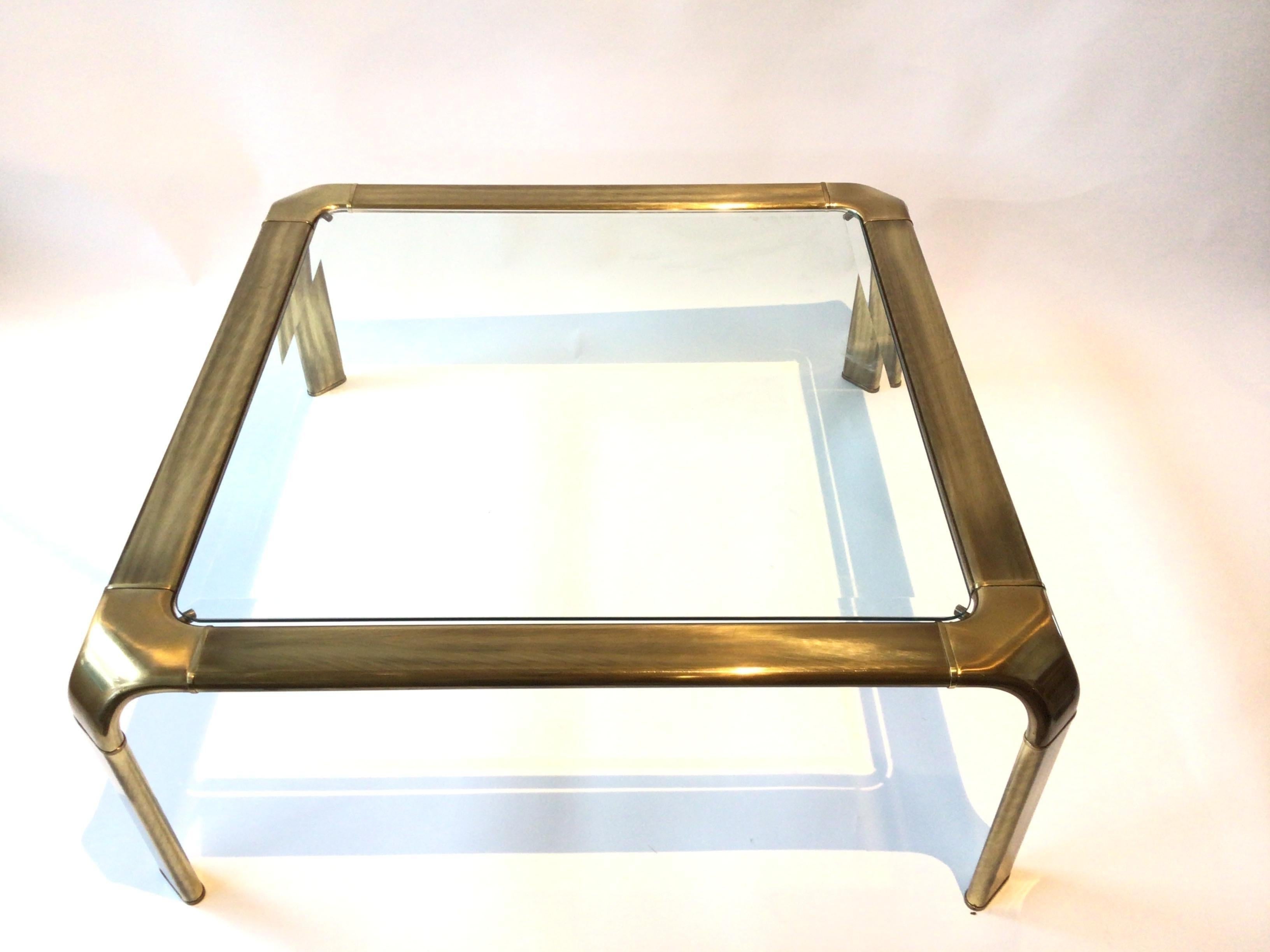 1970s Brass and glass Mastercraft square coffee table.