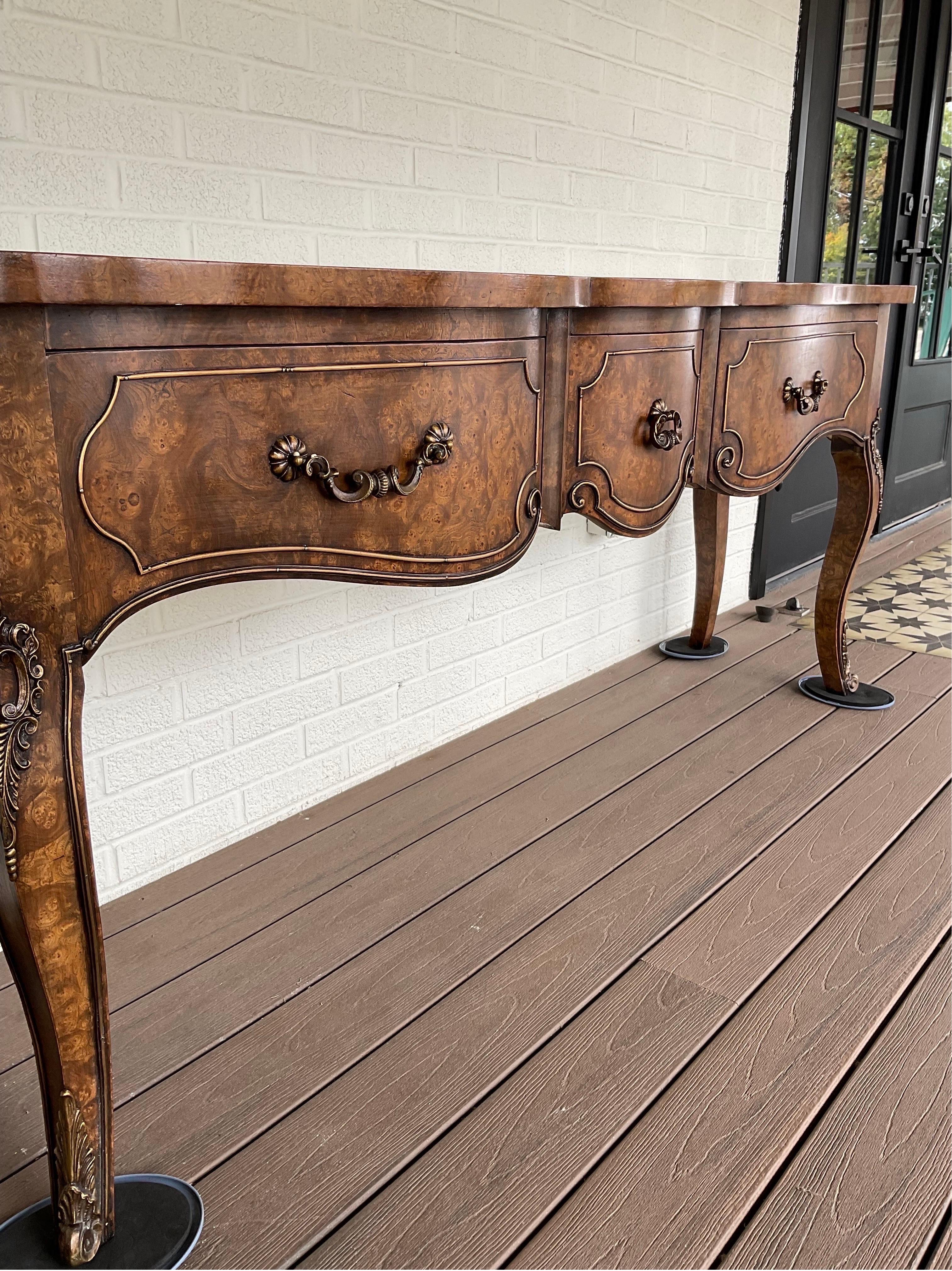 1970s Mastercraft Burled Wood Console Table For Sale 5