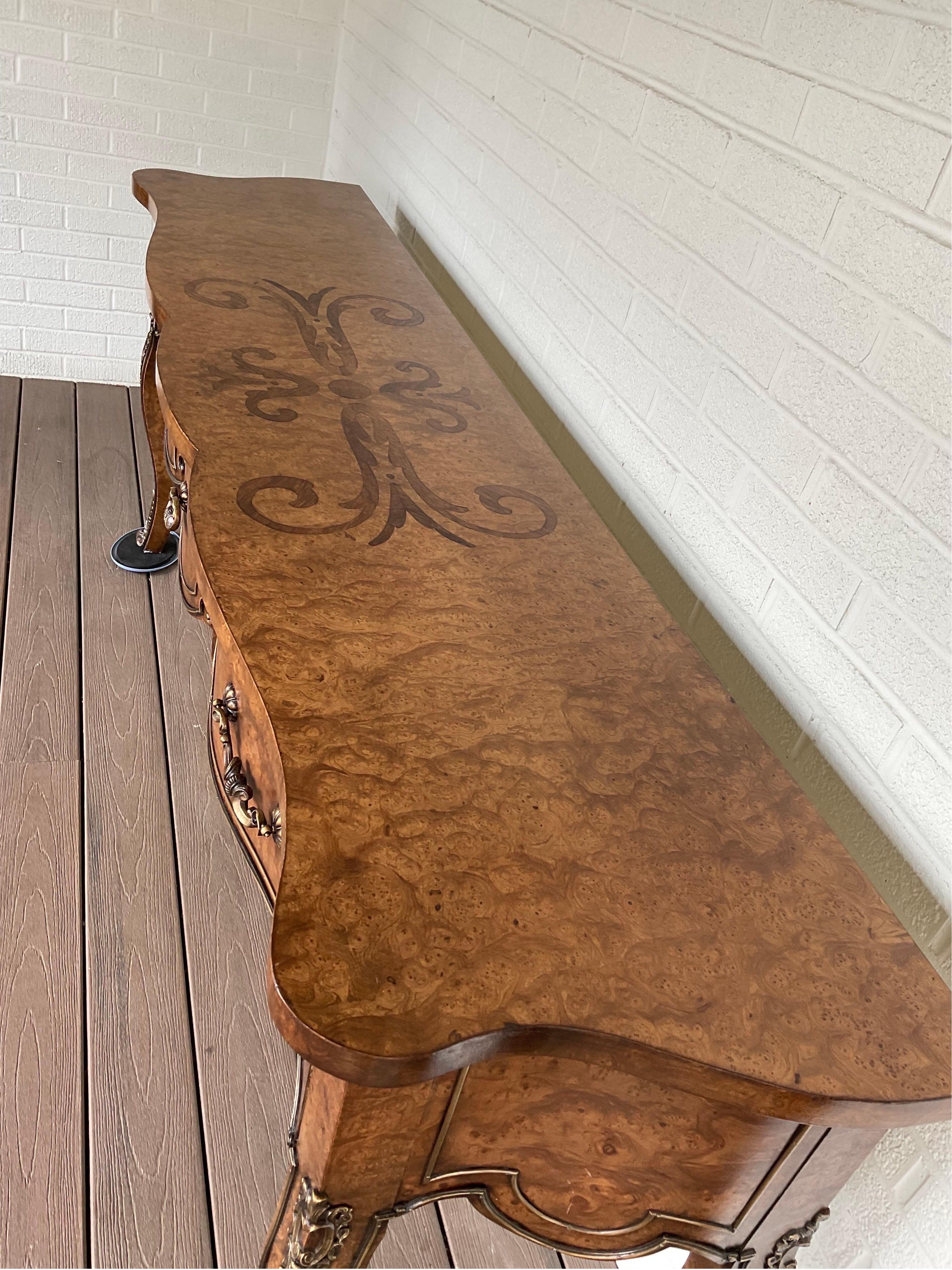 Marquetry 1970s Mastercraft Burled Wood Console Table For Sale