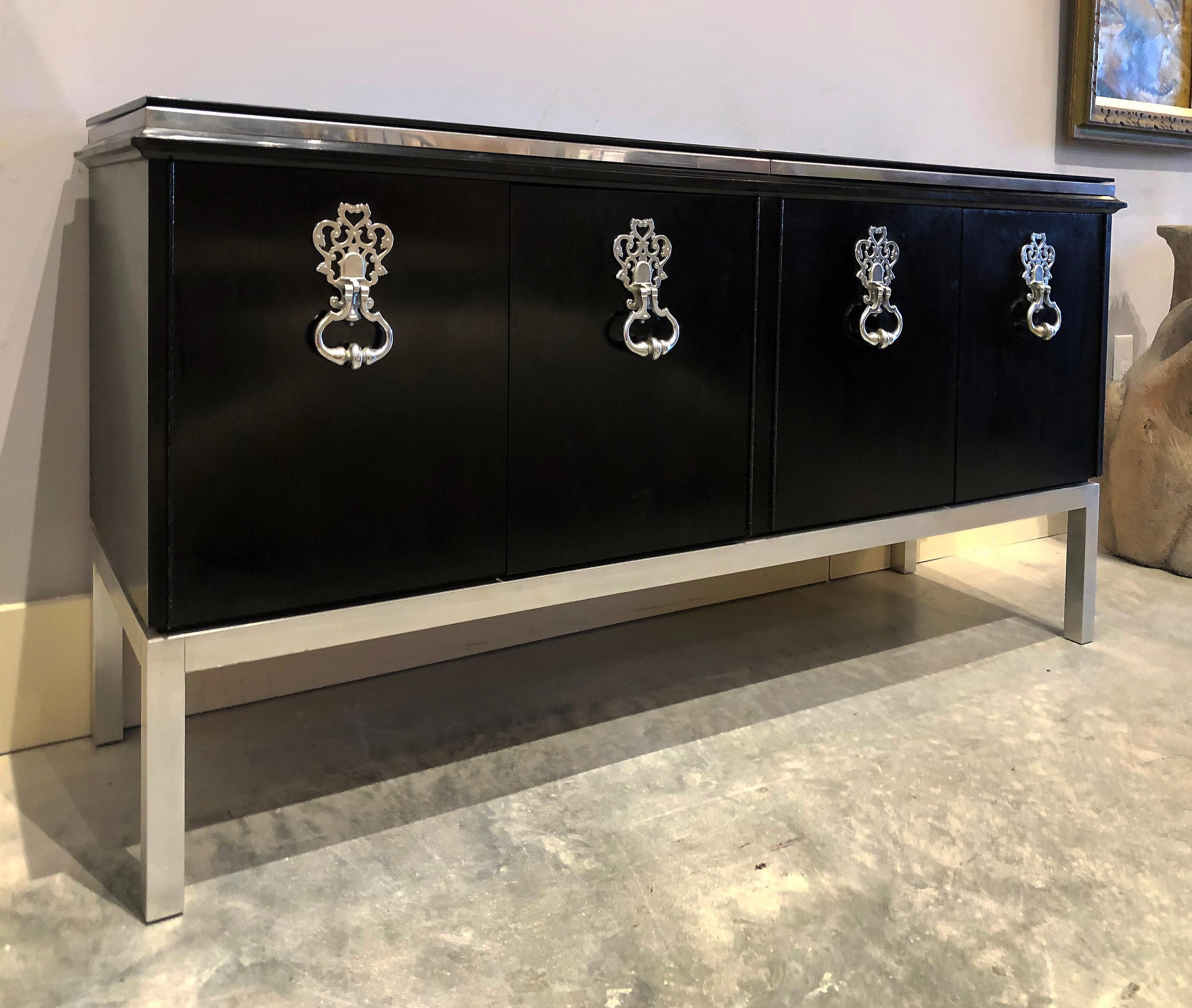 Mid-Century Modern 1970s Mastercraft Credenza after Parzinger with Black Glass Top