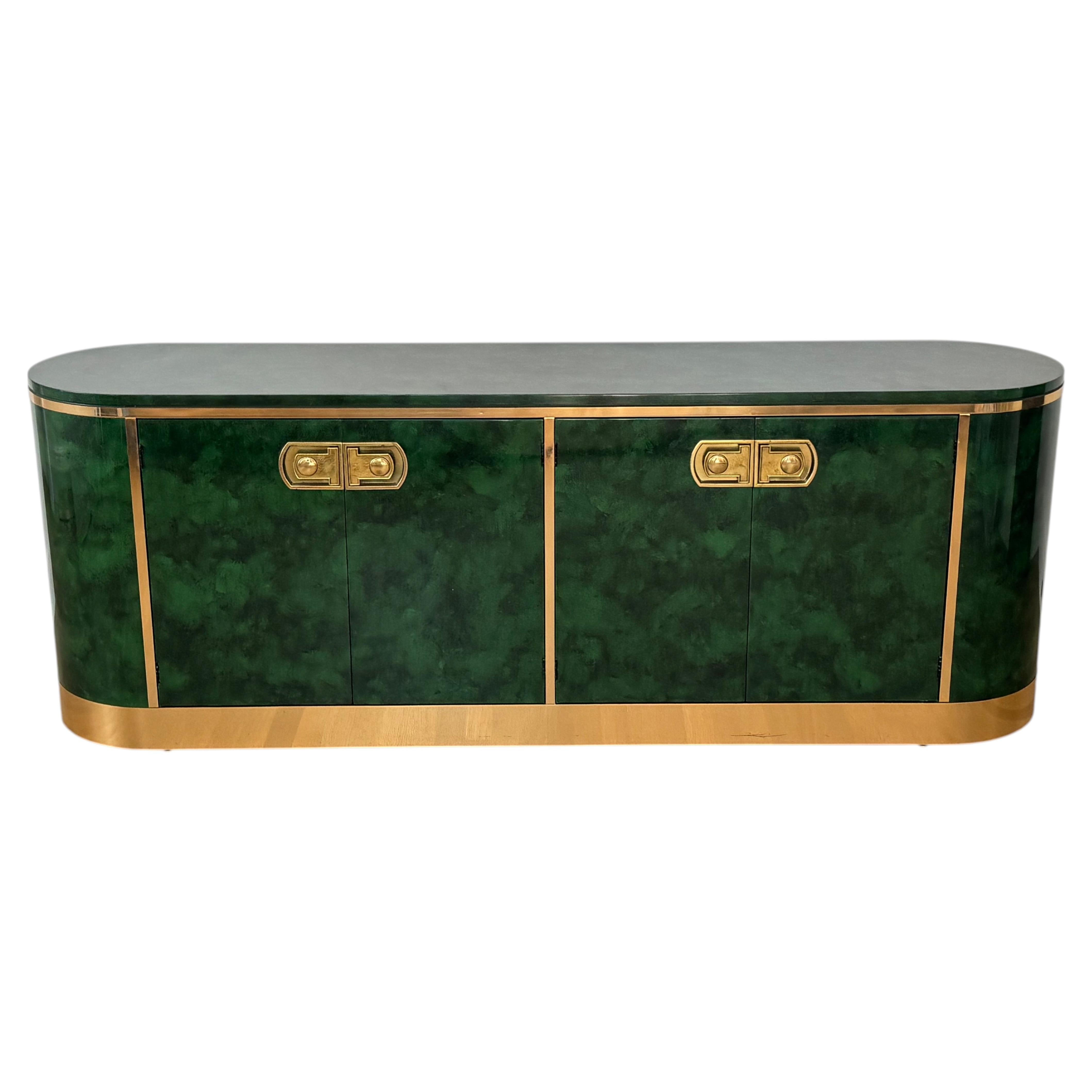 1970s Mastercraft Faux Malachite Lacquer & Brass Capsule Form Sideboard Credenza For Sale