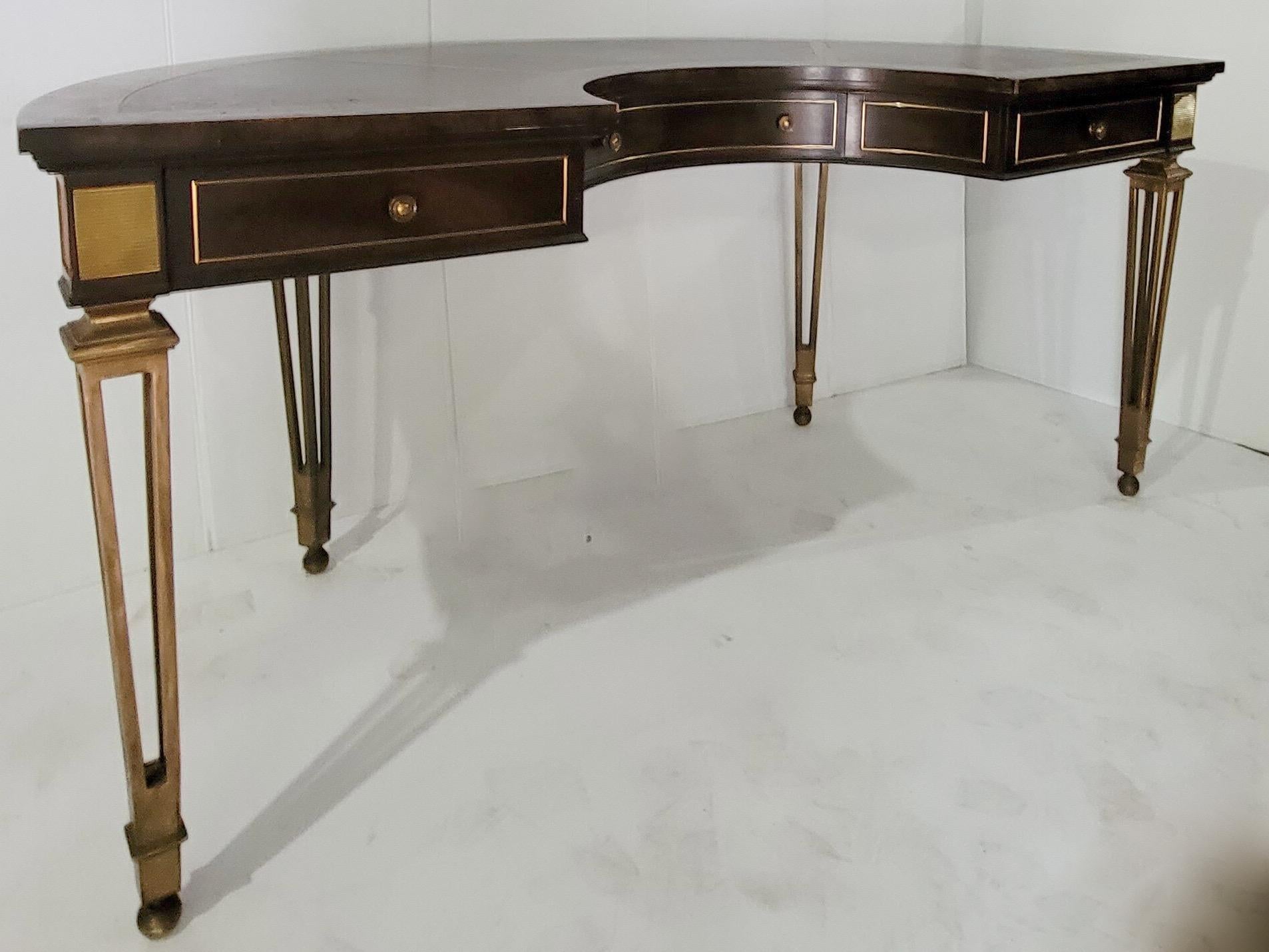 20th Century 1970s Mastercraft Modern Burl, Leather and Brass Horseshoe Shaped Desk