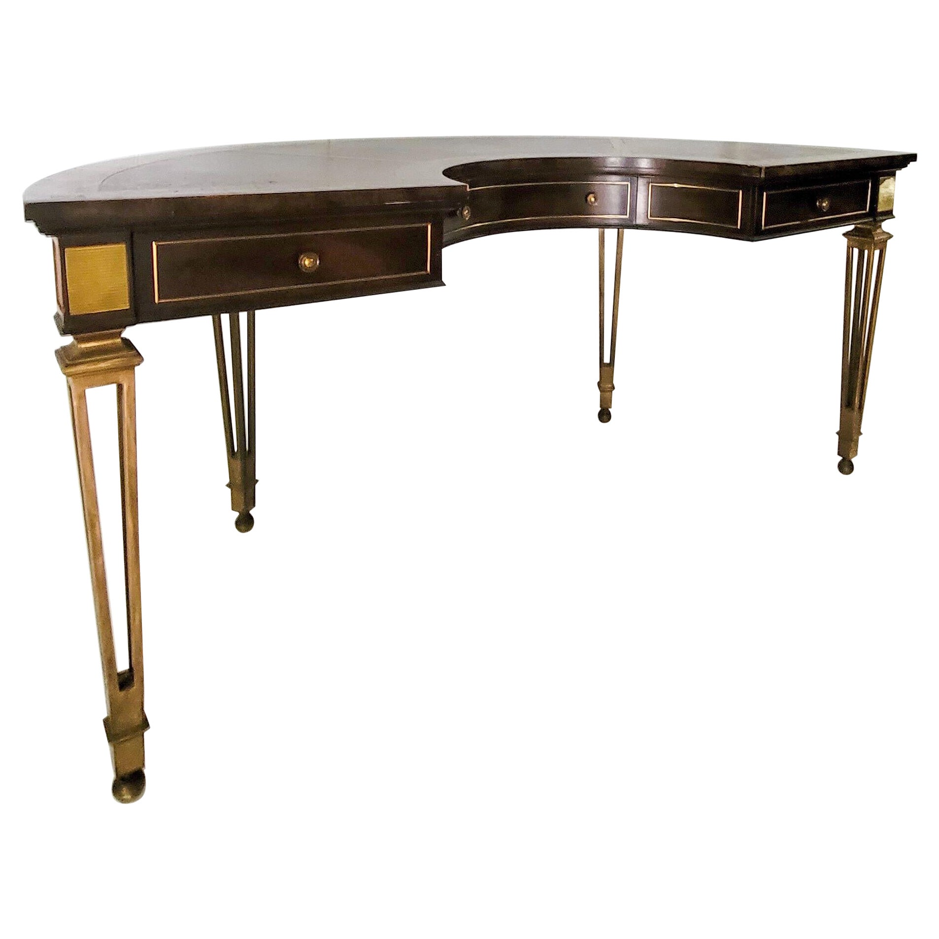 1970s Mastercraft Modern Burl, Leather and Brass Horseshoe Shaped Desk