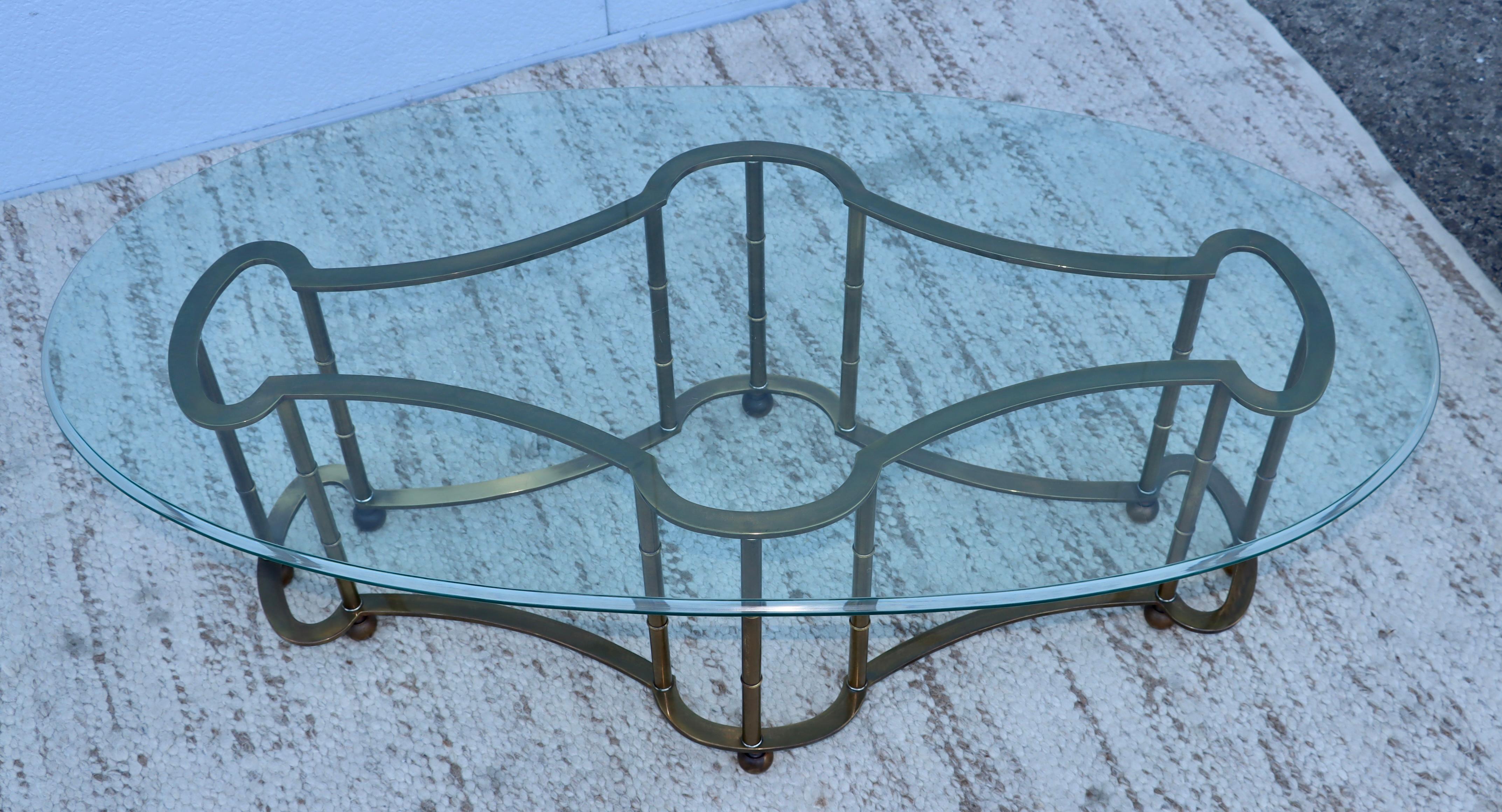 American 1970's Mastercraft Racetrack Brass Oval Coffee Table For Sale