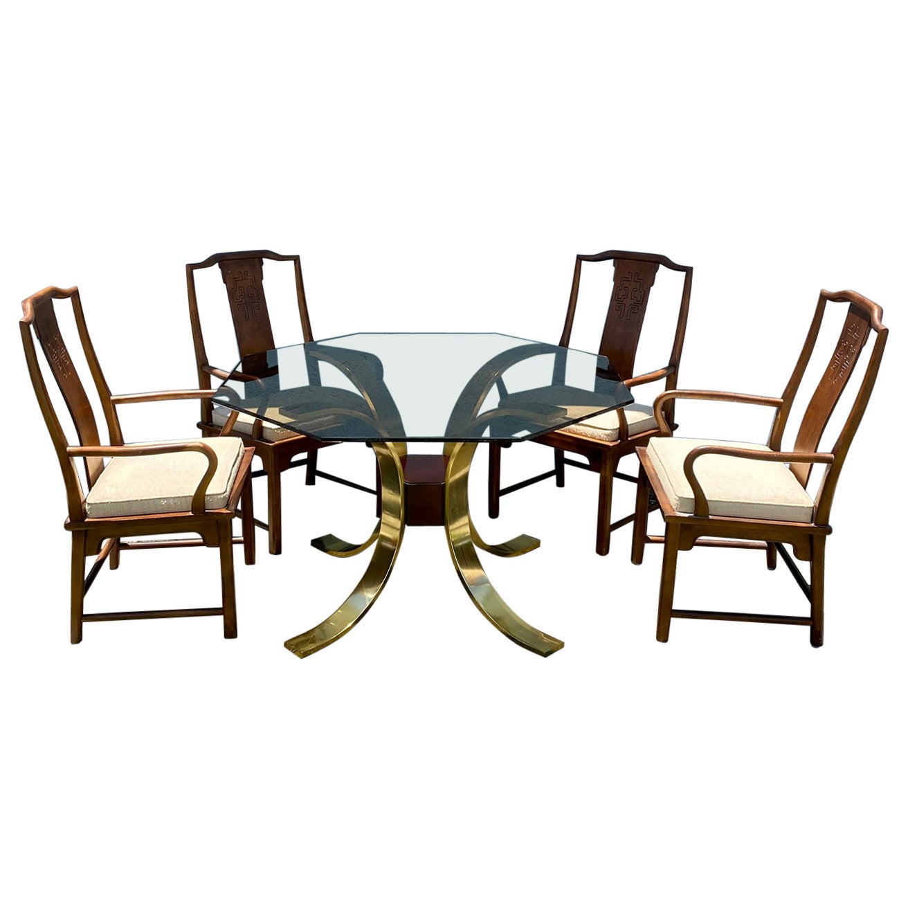 1970s Mastercraft Sculptural Brass Wood Smoke Hexagonal Dining Table, Set of 5 For Sale