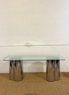1970s Mastercraft Sculptural Chrome & Glass Pedestal Rectangular Dining Table