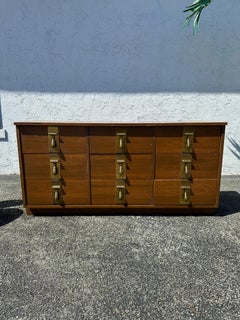 1970s Mastercraft Style Pecan Wood Oversized Brass Dresser
