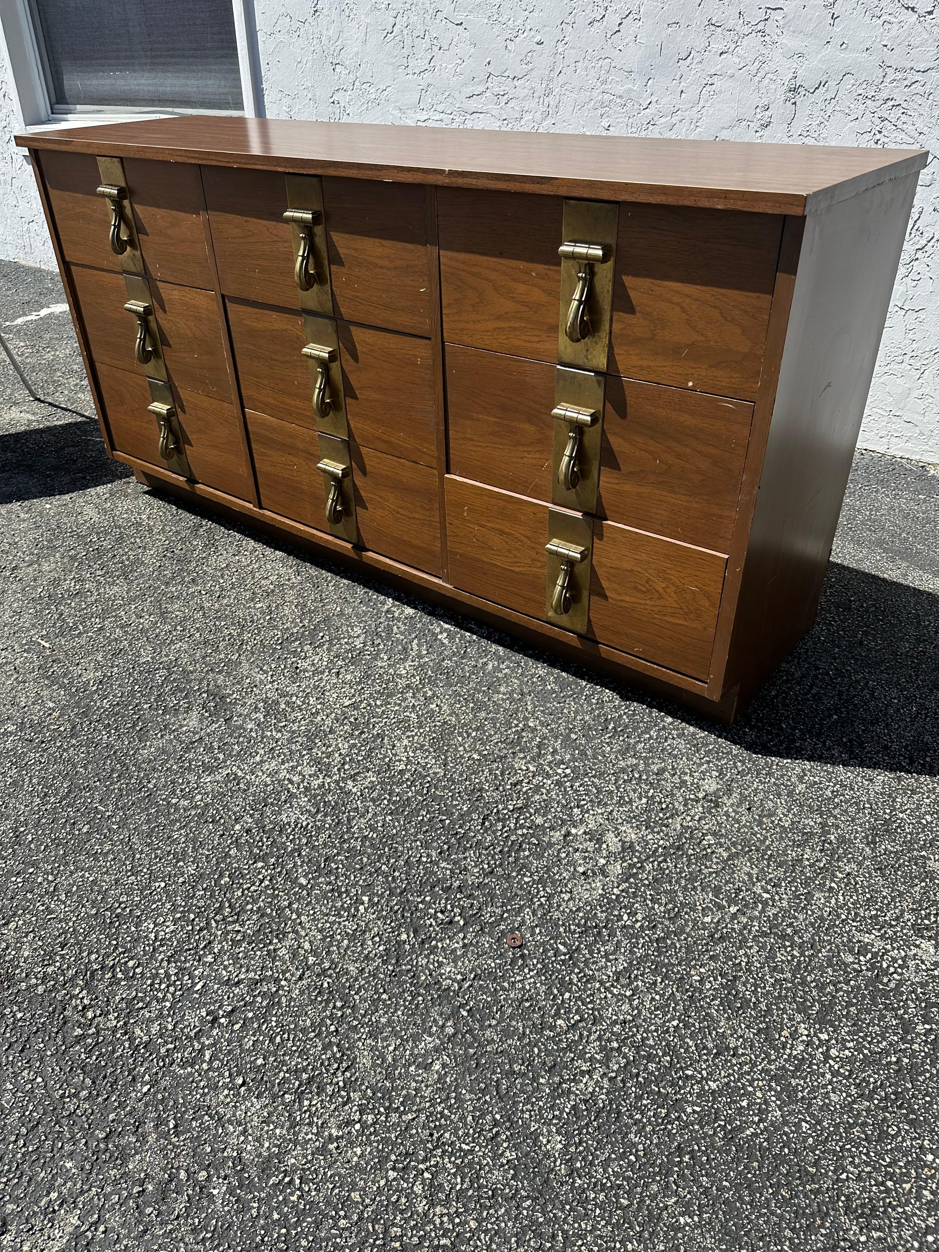 Mid-Century Modern 1970s Mastercraft Style Pecan Wood Oversized Brass Dresser For Sale