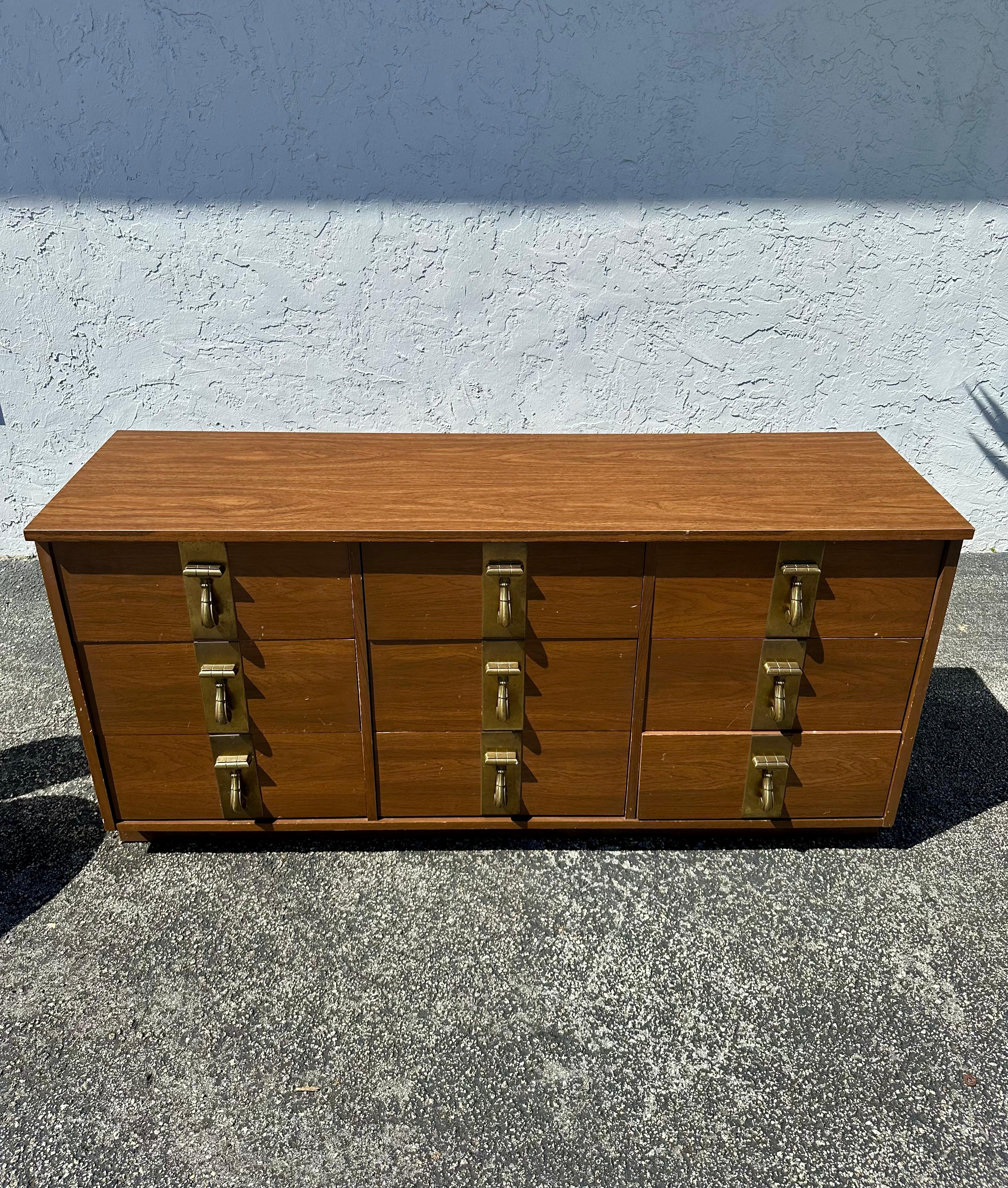 American 1970s Mastercraft Style Pecan Wood Oversized Brass Dresser For Sale