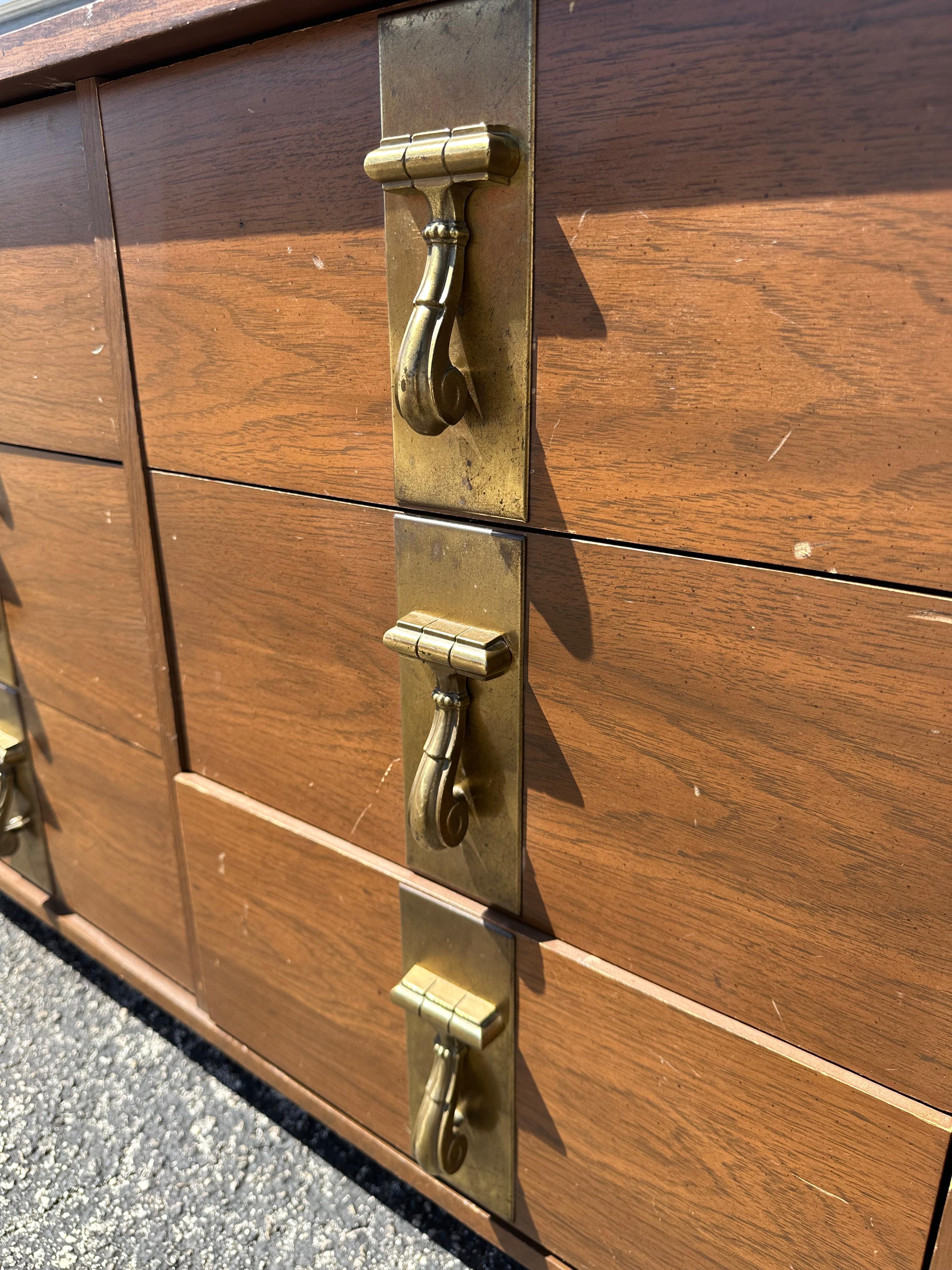 1970s Mastercraft Style Pecan Wood Oversized Brass Dresser For Sale 1