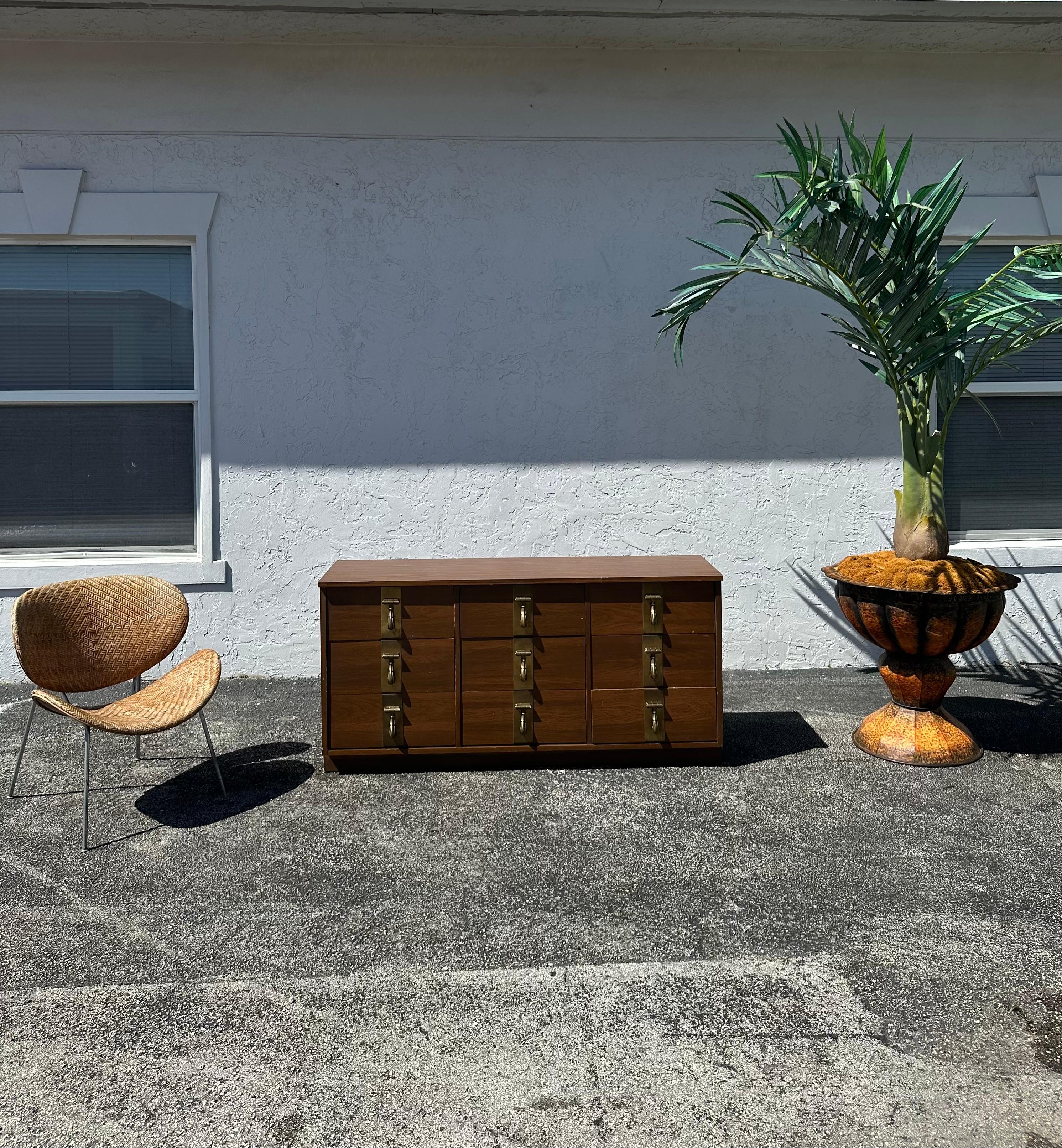 1970s Mastercraft Style Pecan Wood Oversized Brass Dresser For Sale 3