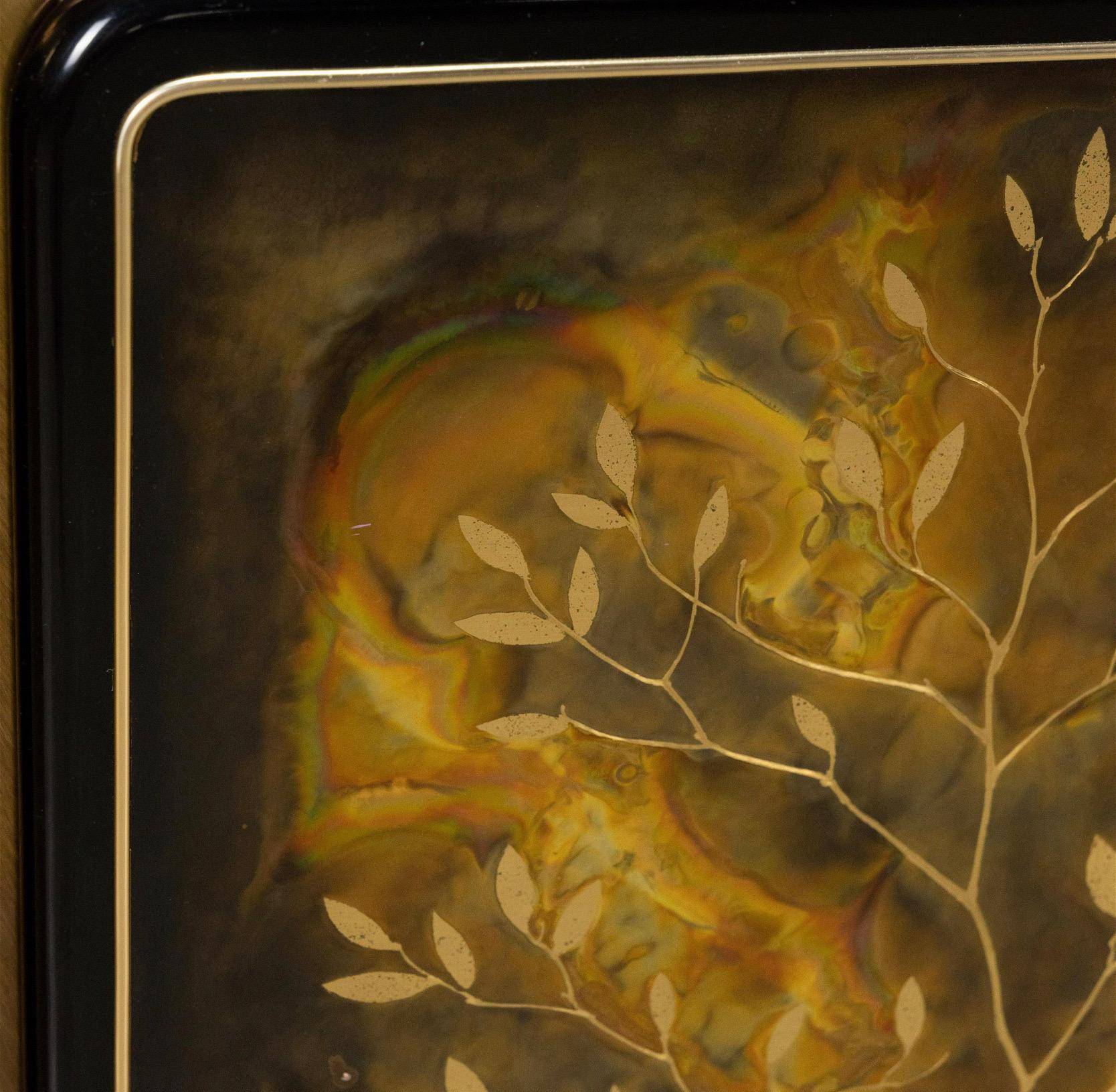Iconic Shaved Corner Acid Etched Brass Credenza von Famed Artist Bernhard Rohne für Mastercraft. Der Schrank 