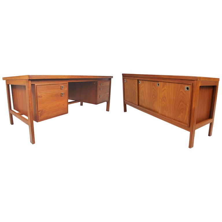 1970s Matching Danish Modern Teak Executive Desk And Credenza By