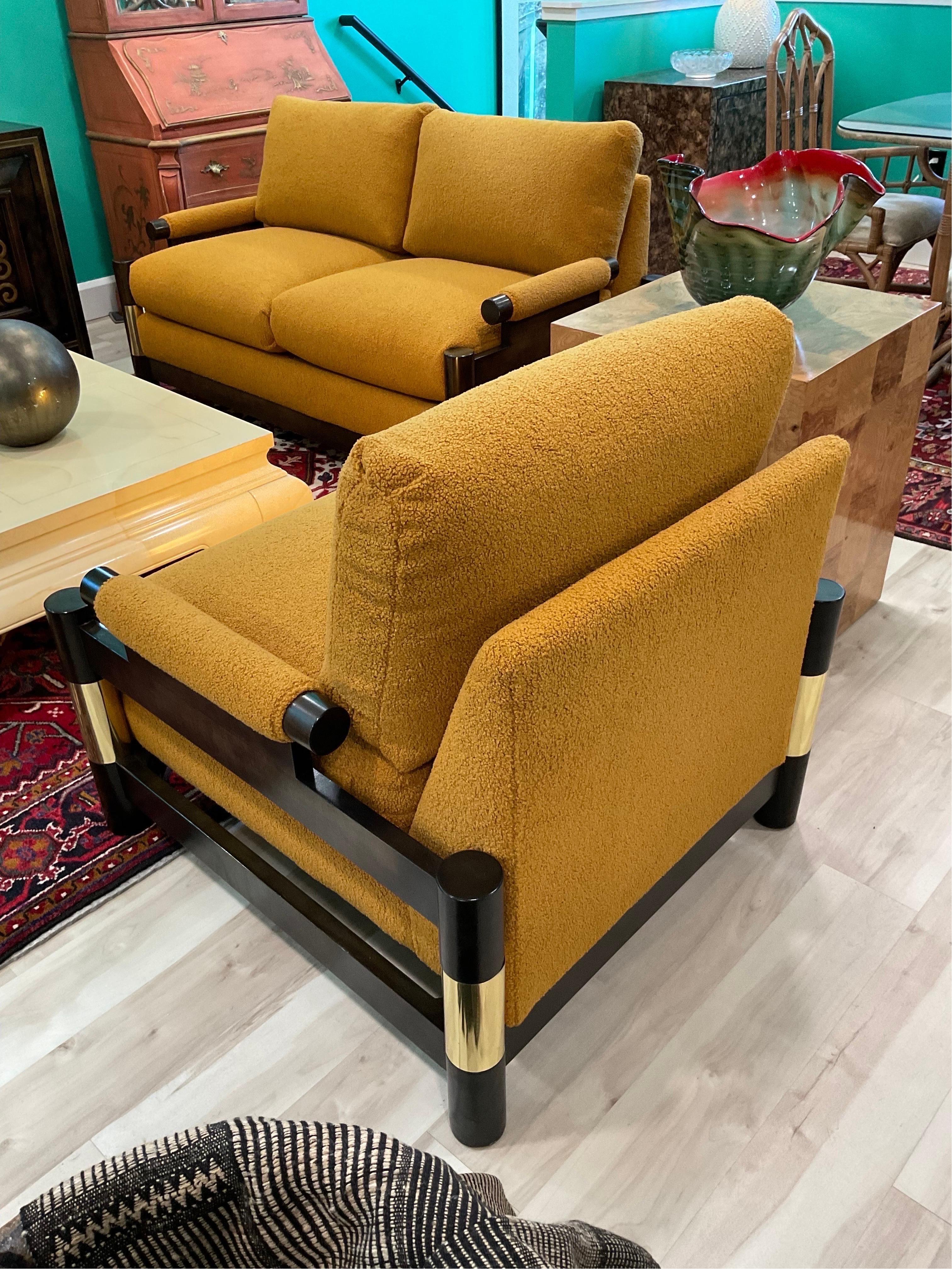 Spectacular Floating Pagoda Club Chair by Carson’s of Highpoint. Matching sofa and loveseat in separate listings. Extraordinary original vintage fabric is near flawless if not just that. No signs of fading, loss of cushion support or use. Time