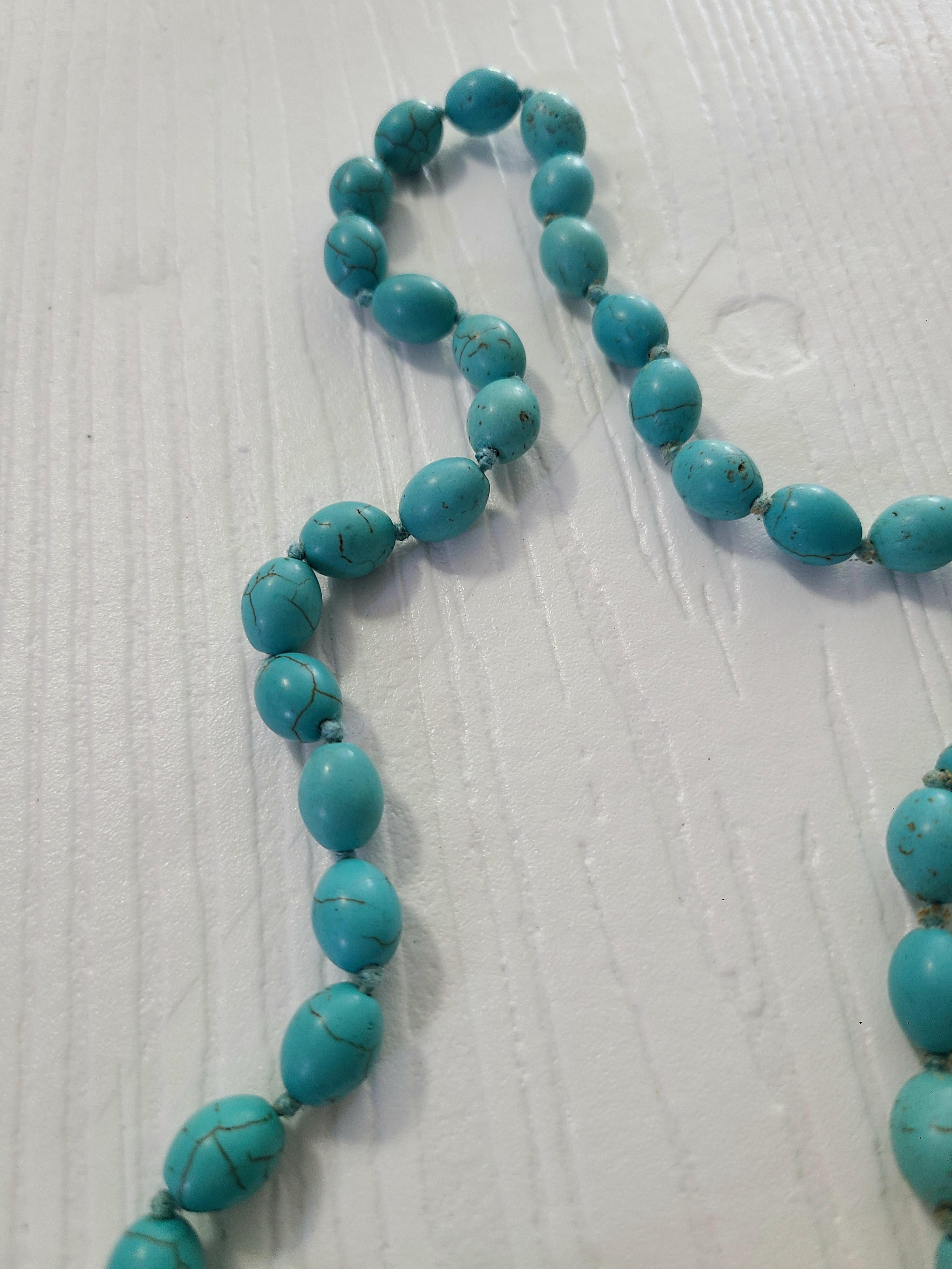 Artisan 1970s Matte Robin's Egg Blue Turquoise Oval Bead Necklace For Sale