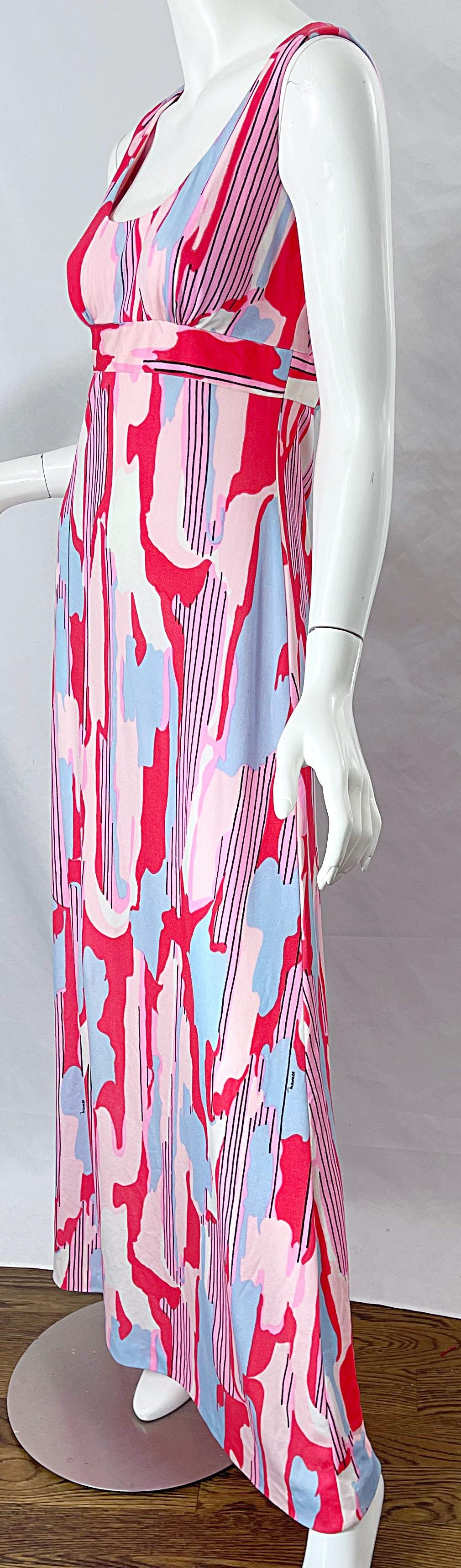 1970s Maurice Signed Abstract Print Pink Blue Coral Knit Jersey 70s Maxi Dress For Sale 4