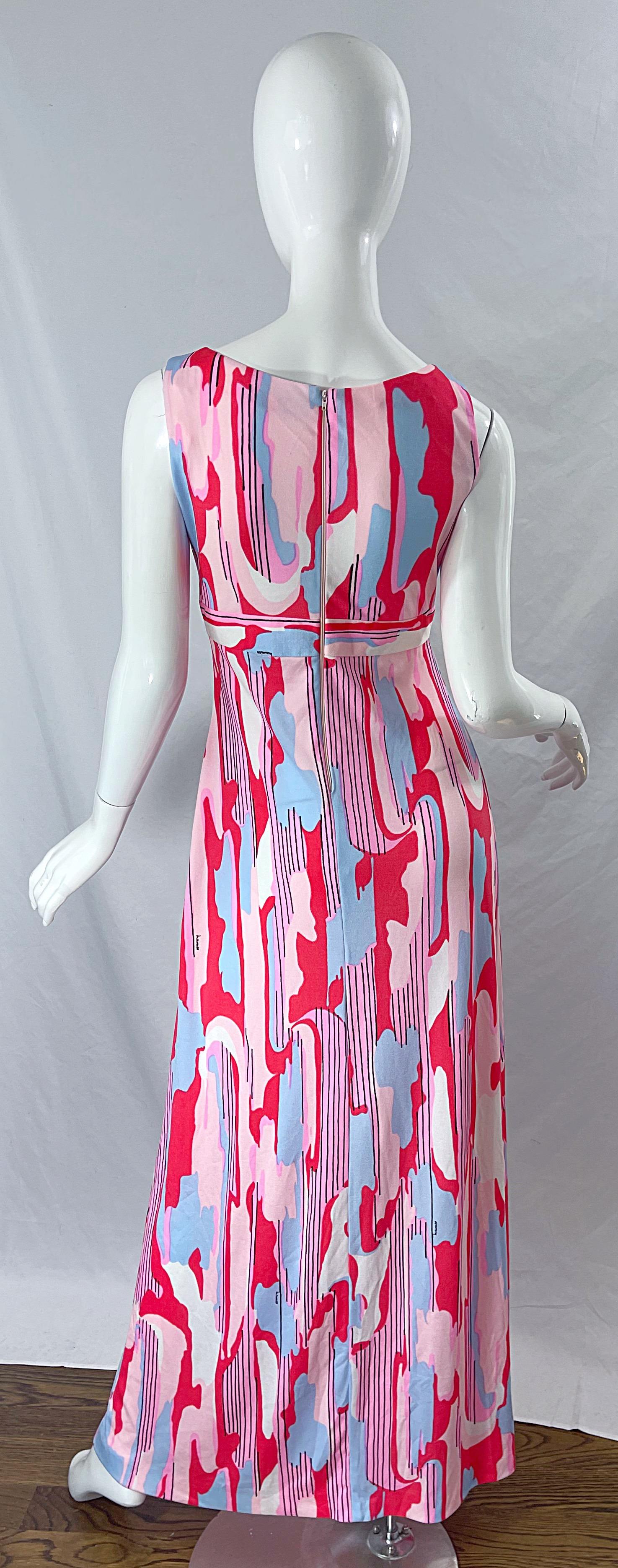 1970s Maurice Signed Abstract Print Pink Blue Coral Knit Jersey 70s Maxi Dress For Sale 5