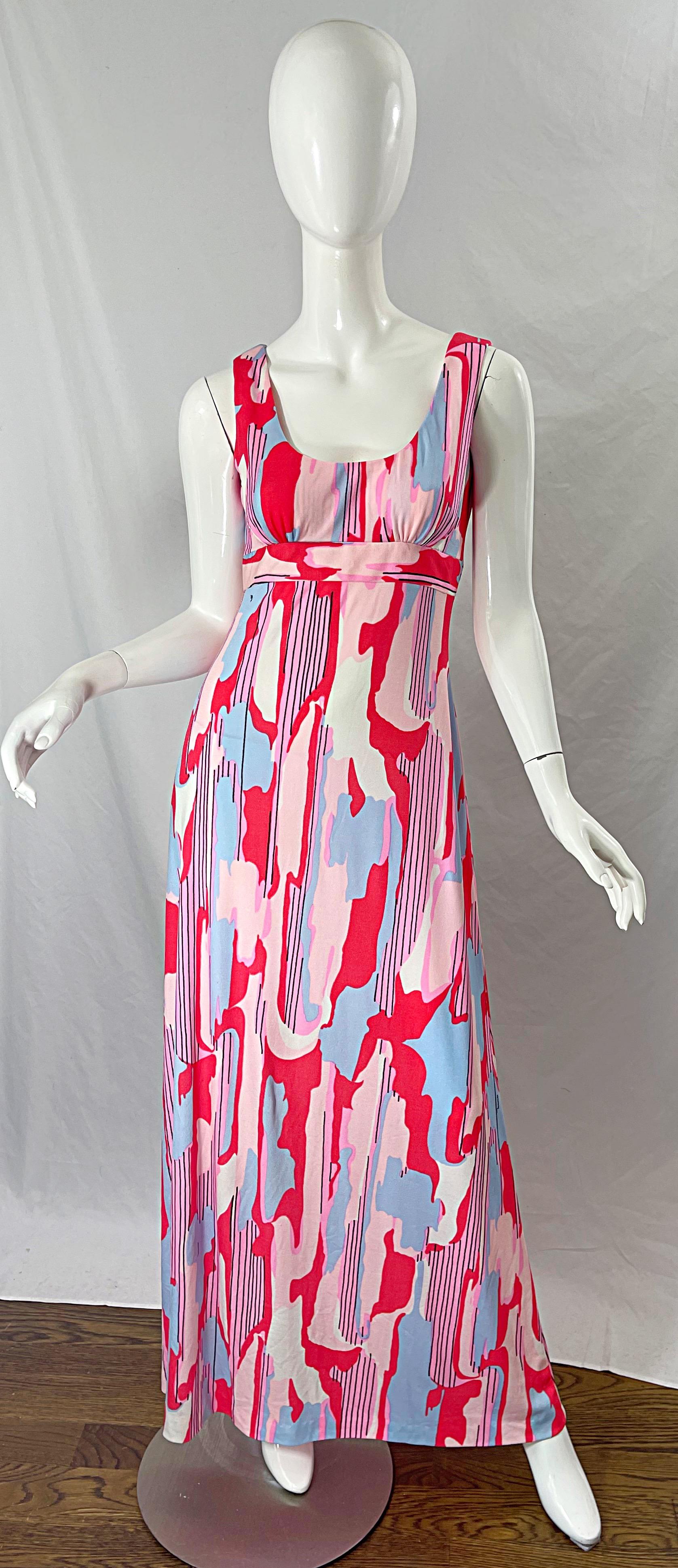 1970s Maurice Signed Abstract Print Pink Blue Coral Knit Jersey 70s Maxi Dress For Sale 6