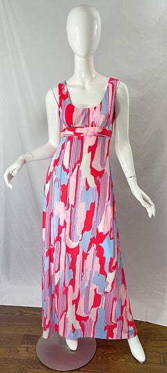 1970s Maurice Signed Abstract Print Pink Blue Coral Knit Jersey 70s Maxi Dress