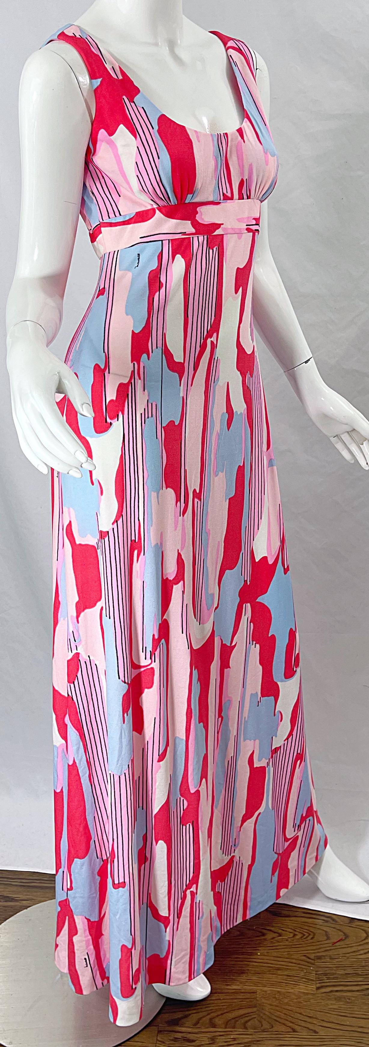 Robe longue en maille de jersey avec imprimé abstrait rose, bleu et corail et signature Maurice, années 70 en vente 1