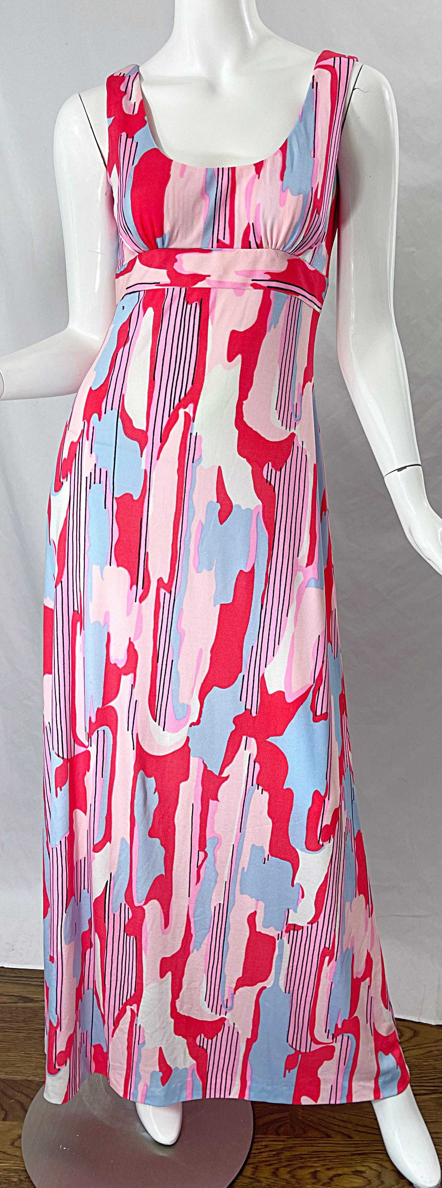 Robe longue en maille de jersey avec imprimé abstrait rose, bleu et corail et signature Maurice, années 70 en vente 3