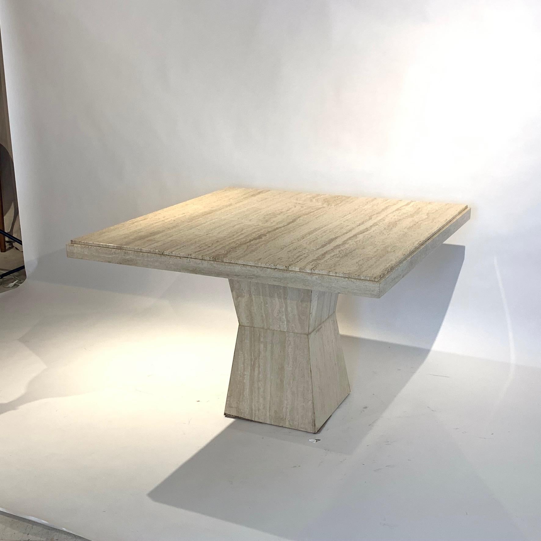 Italian Maurice Villency Square Travertine Dining, Game, or Center Table with Detail