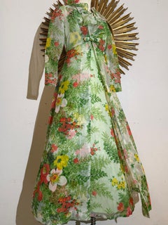 Maxivestido y plumífero de los años 70 Conjunto de 2 piezas con estampado floral de jardín