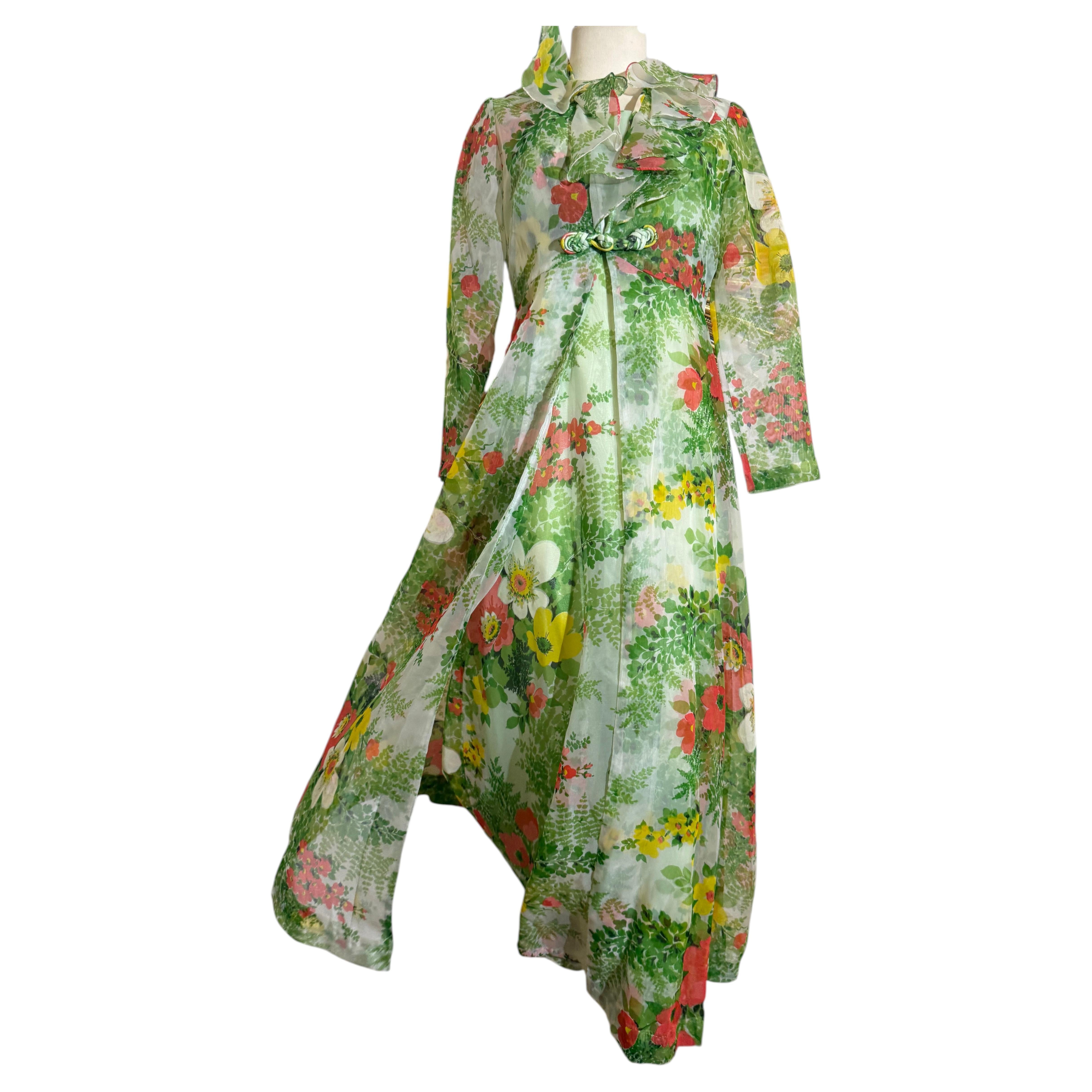 1970s Maxi Dress & Duster 2-Piece Ensemble in a Garden Floral Print
