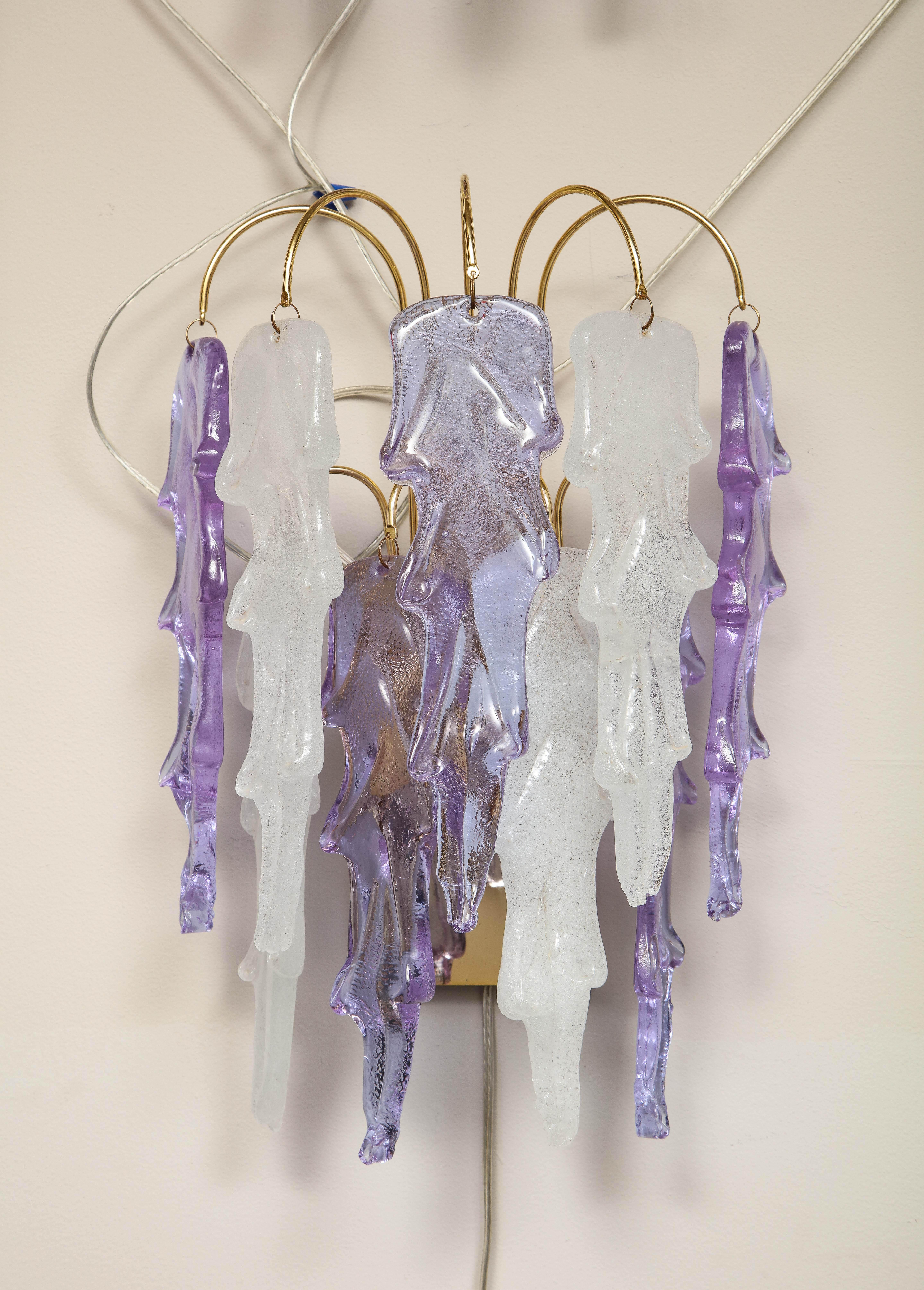 Pair of exceptional Carlo Nason Mazzega Wall Sconces with bicolor glass, Murano amethyst, and ice frost. Model unique by design and glass hung on a superb gilt gold palm structure.