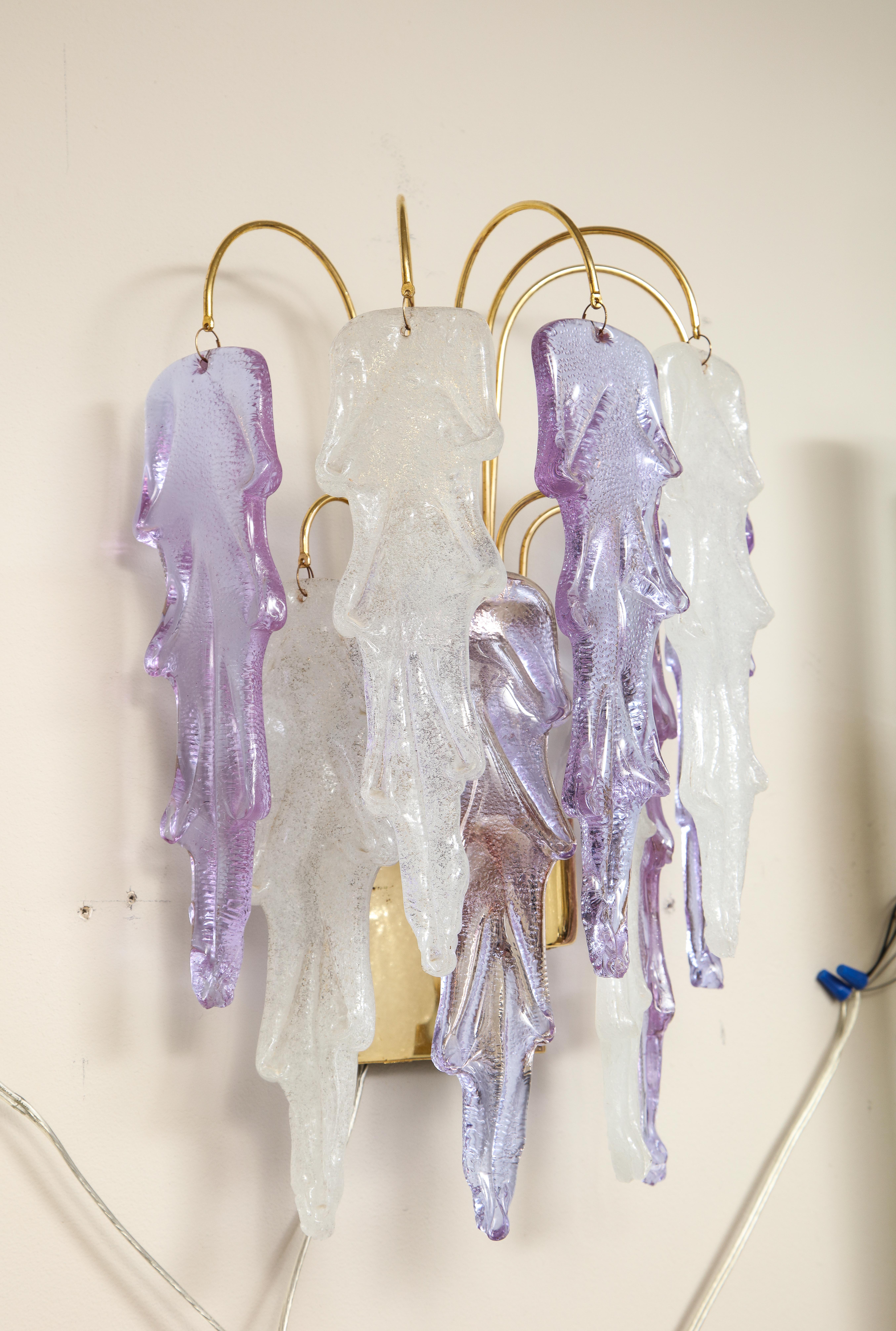1970s Mazzega Italian Murano Glass Wall Sconces with Amethyst and Frost Glass For Sale 1