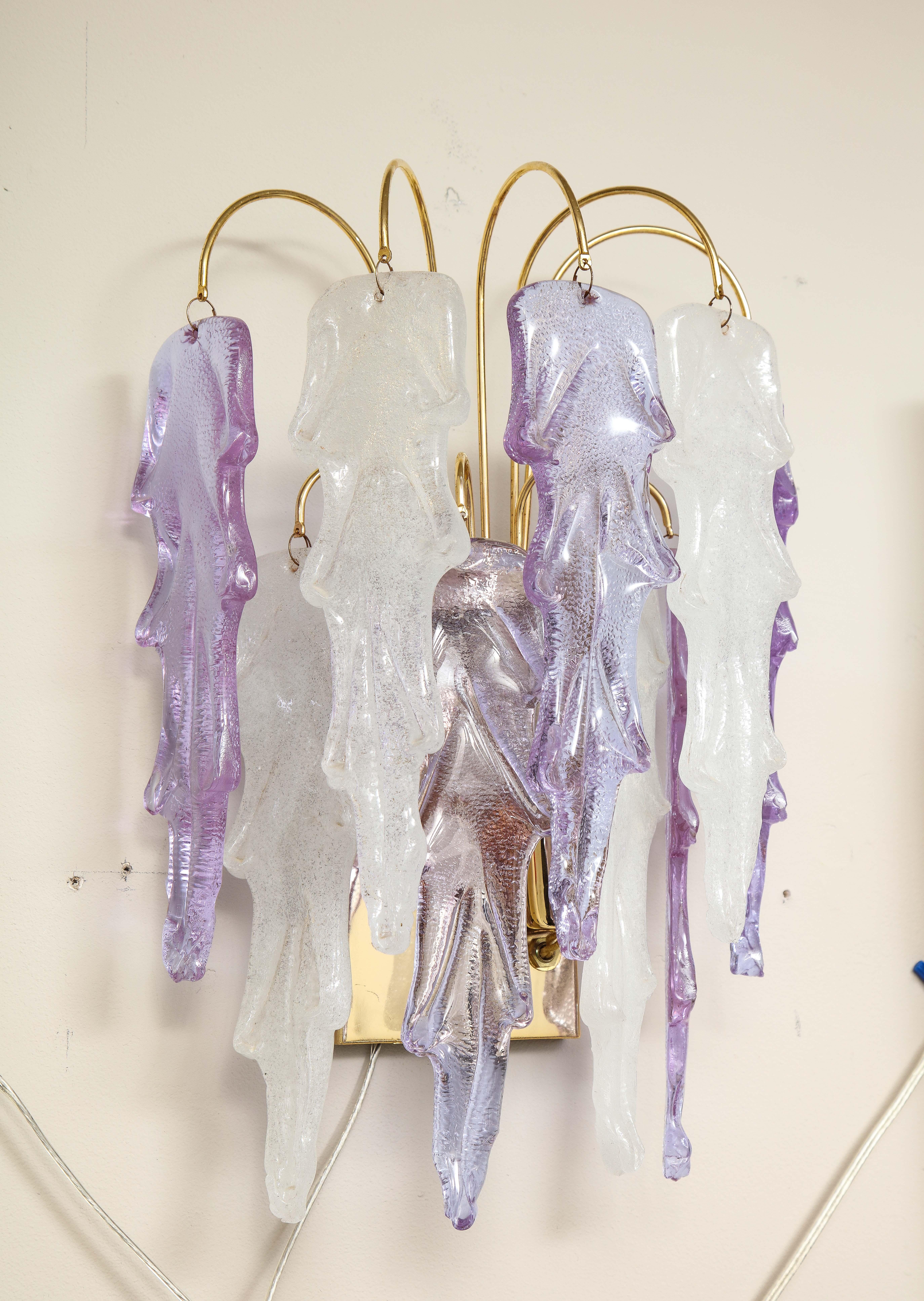 1970s Mazzega Italian Murano Glass Wall Sconces with Amethyst and Frost Glass For Sale 2